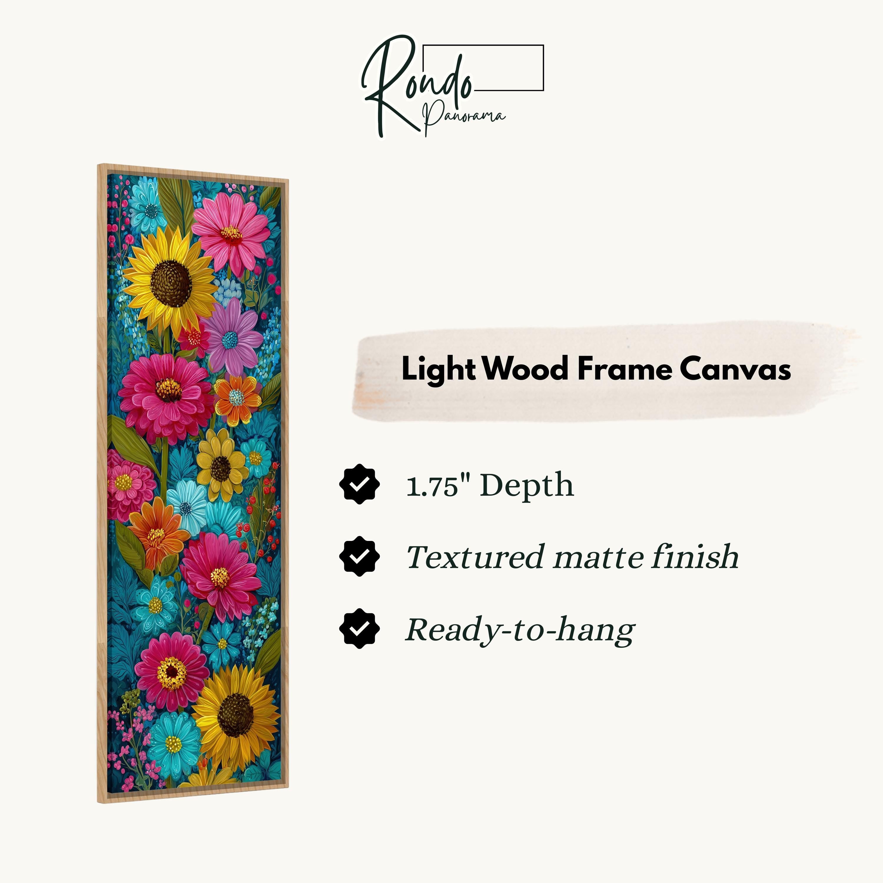 The image is a light wood frame canvas featuring a vibrant floral design with various colorful flowers and leaves.