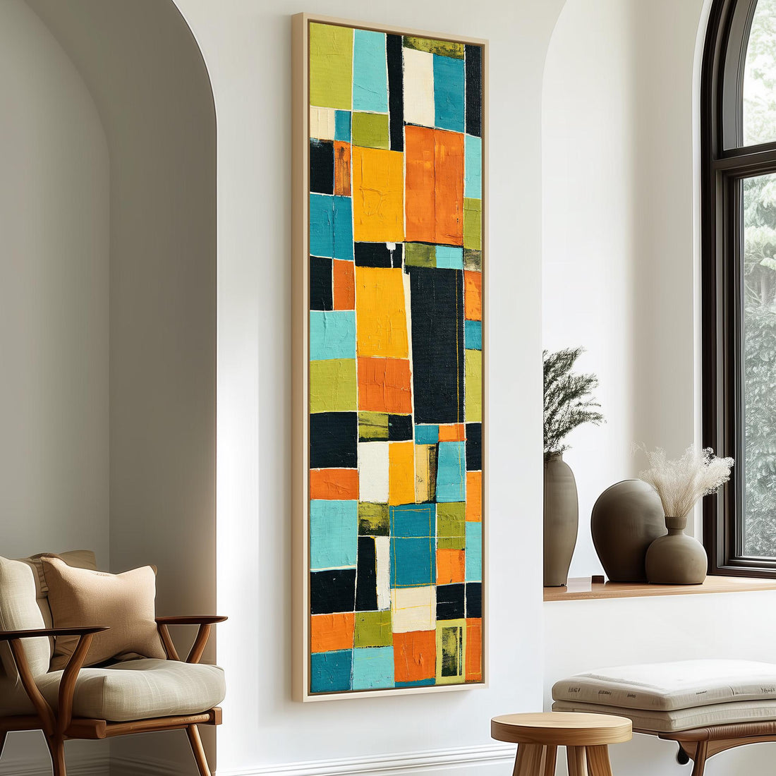 Bold mustard and teal patchwork blocks long vertical canvas print in a sunlit living space
