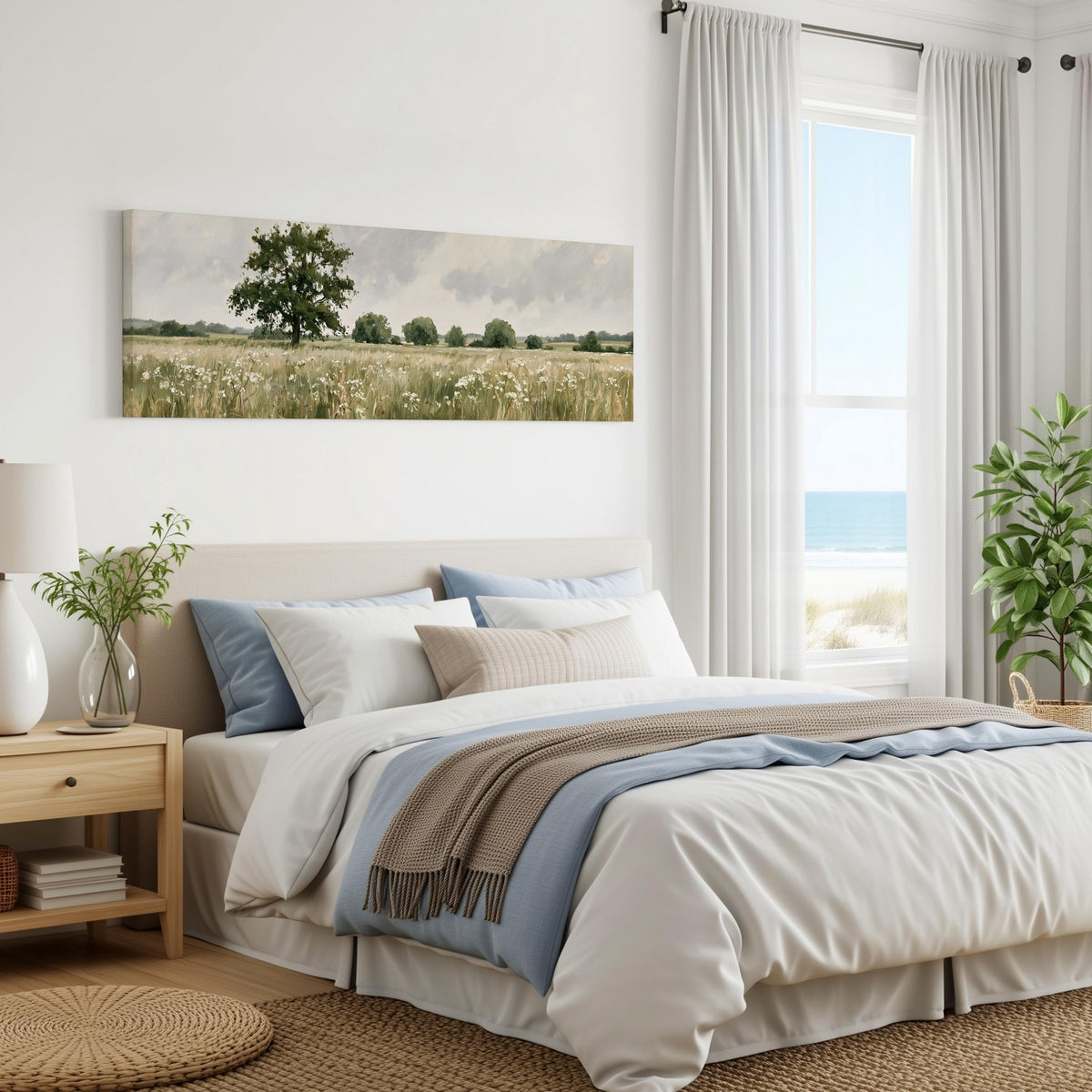 Lone oak tree in a daisy meadow panoramic canvas print above a bed in a coastal bedroom