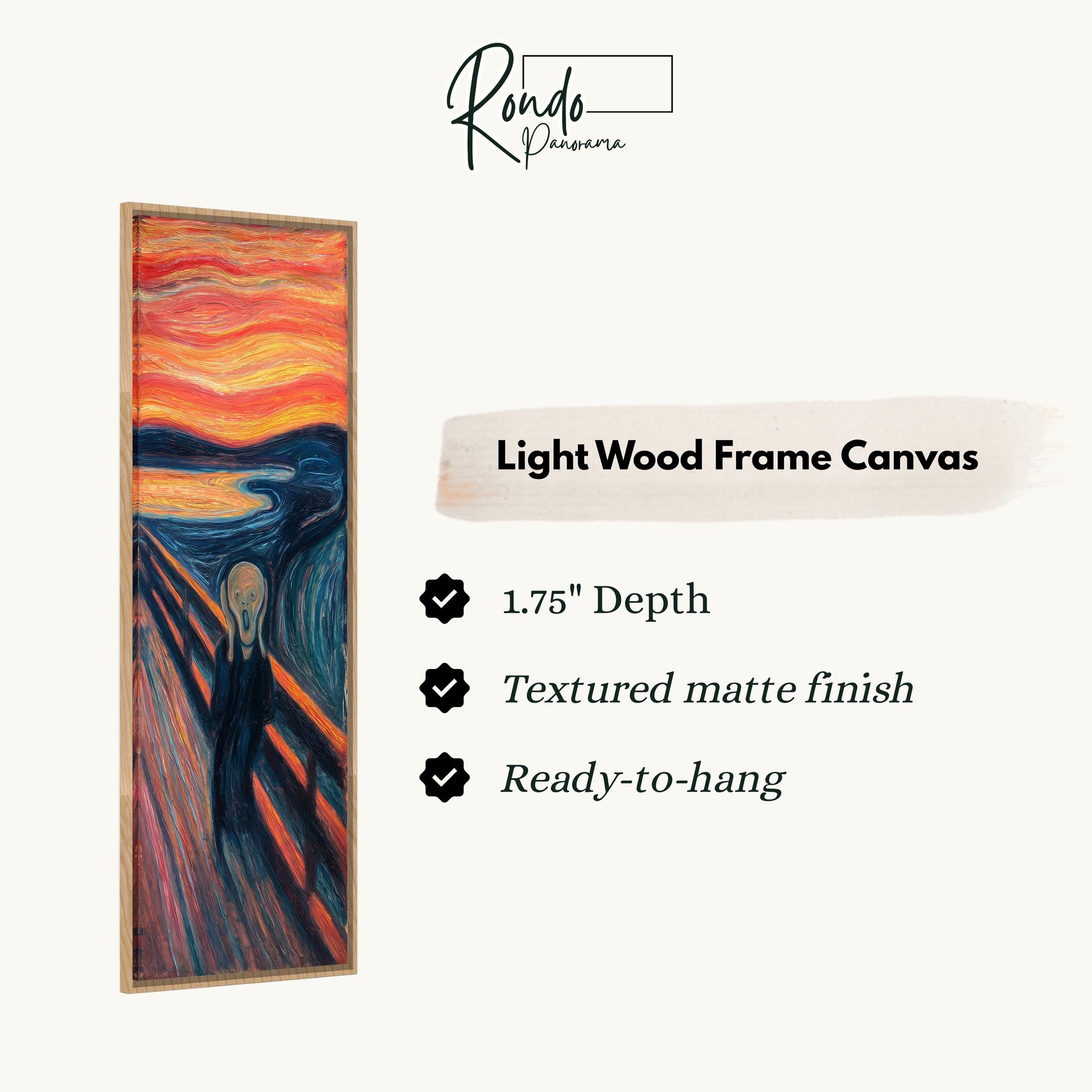 The image is a light wood frame canvas depicting the iconic painting "The Scream" by Edvard Munch.