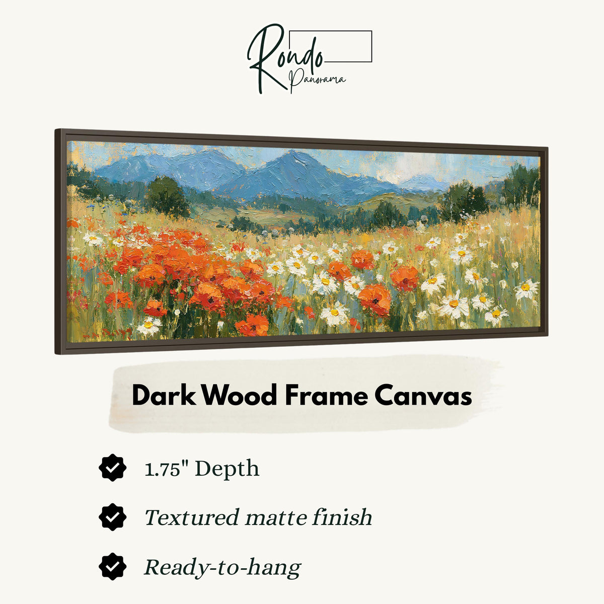 Alpine poppy and daisy meadow canvas print in a dark wood floating frame
