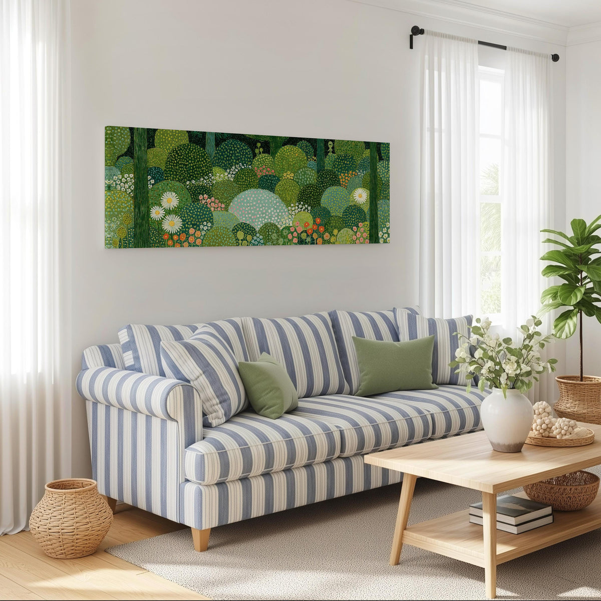 Whimsical dotted topiary garden long horizontal canvas print above a striped sofa in a coastal living room