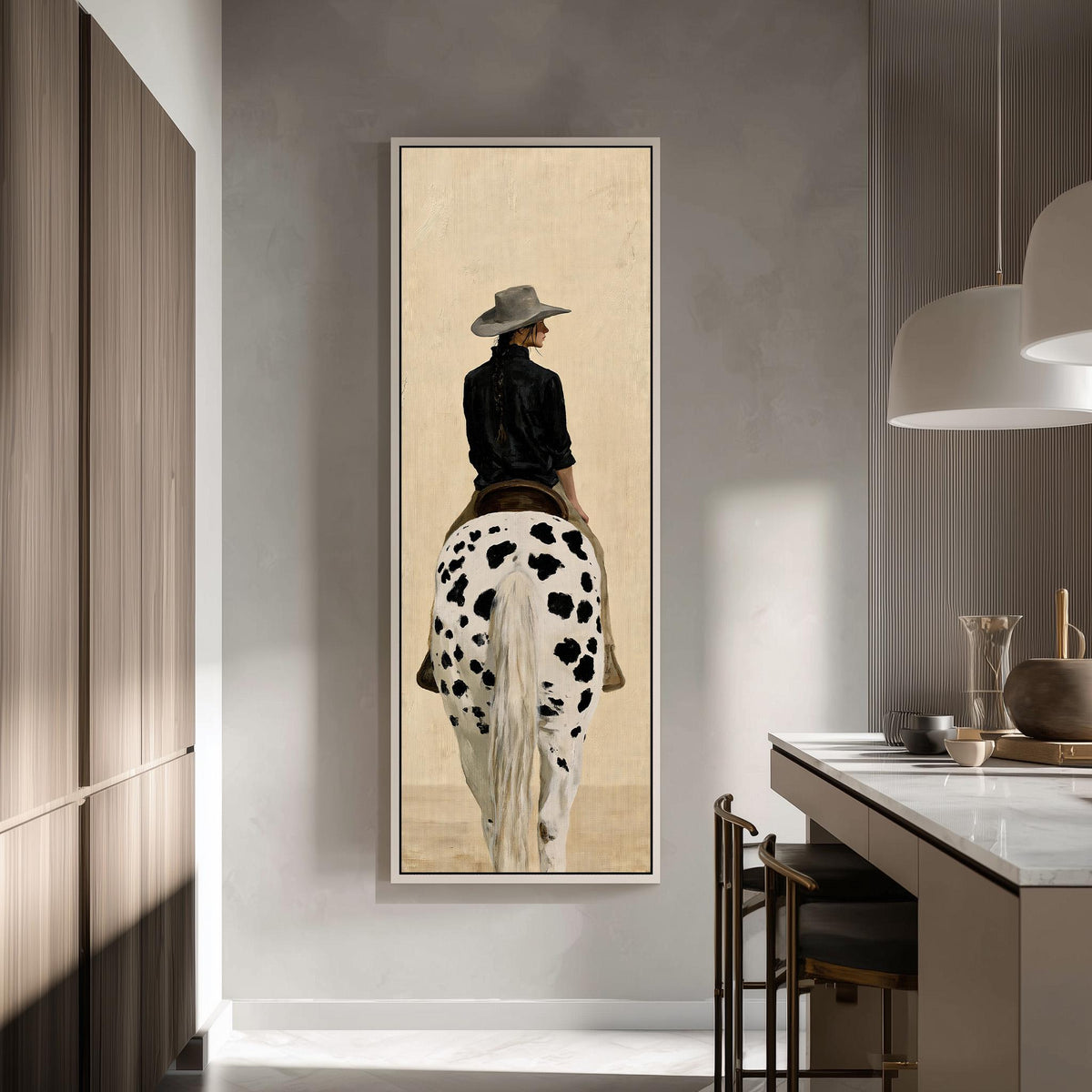 Cowgirl with a long braid on a spotted horse tall skinny canvas print in a modern kitchen