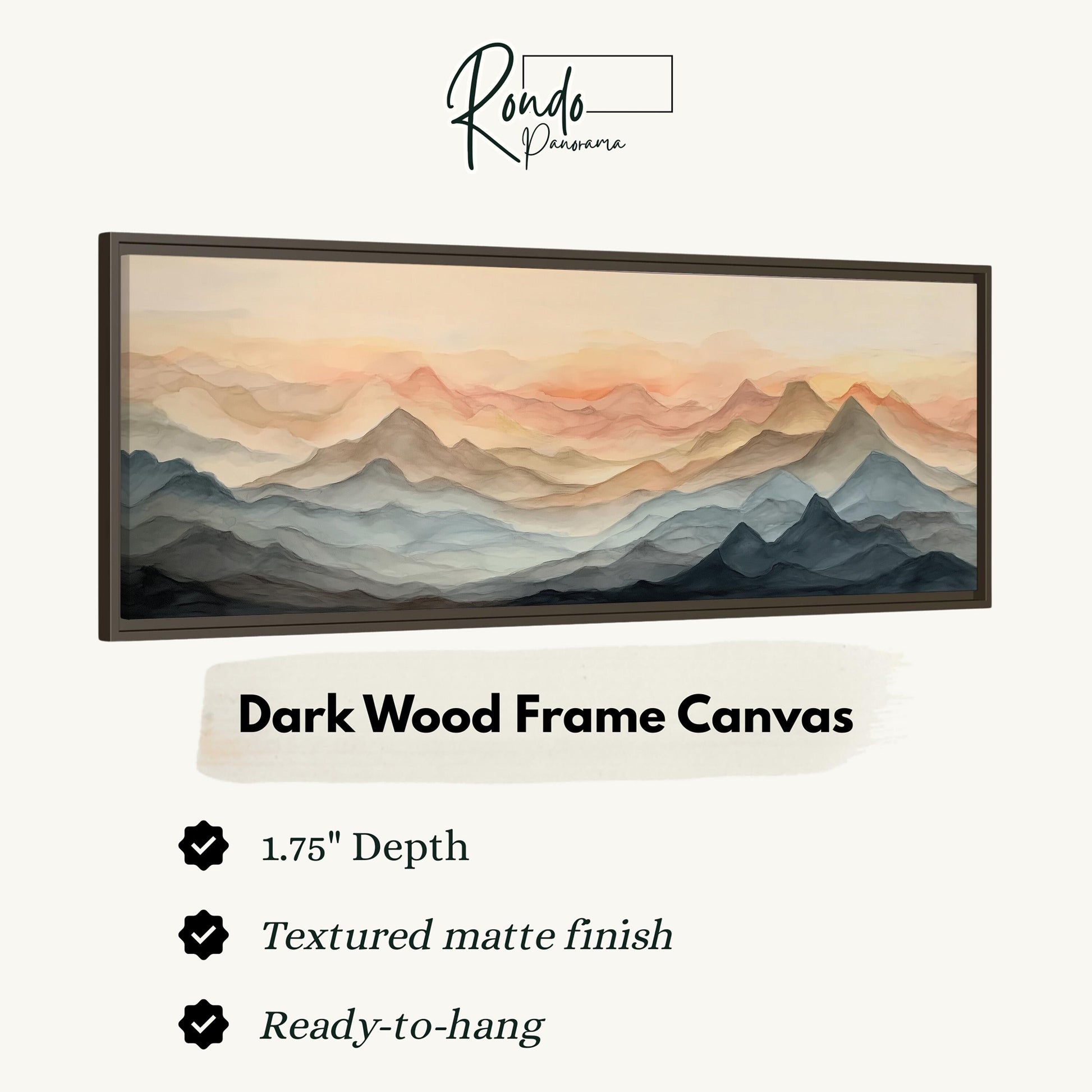 The image is a dark wood frame canvas depicting a landscape with mountains in shades of orange and blue.