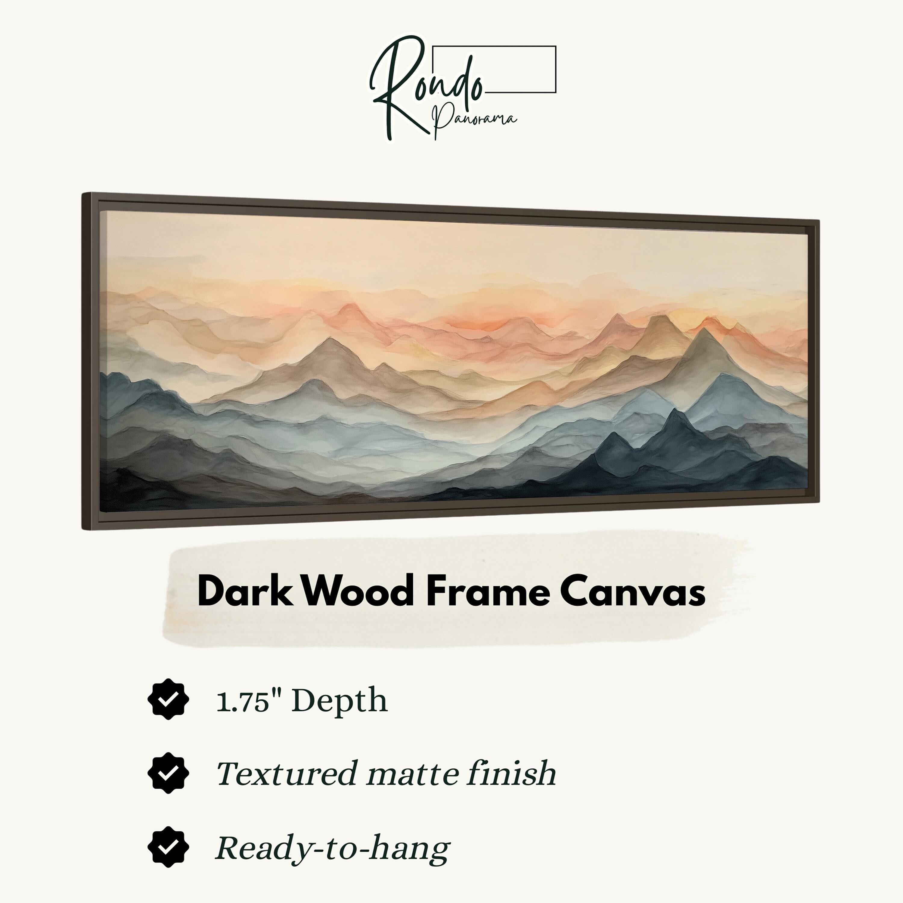 The image is a dark wood frame canvas depicting a landscape with mountains in shades of orange and blue.