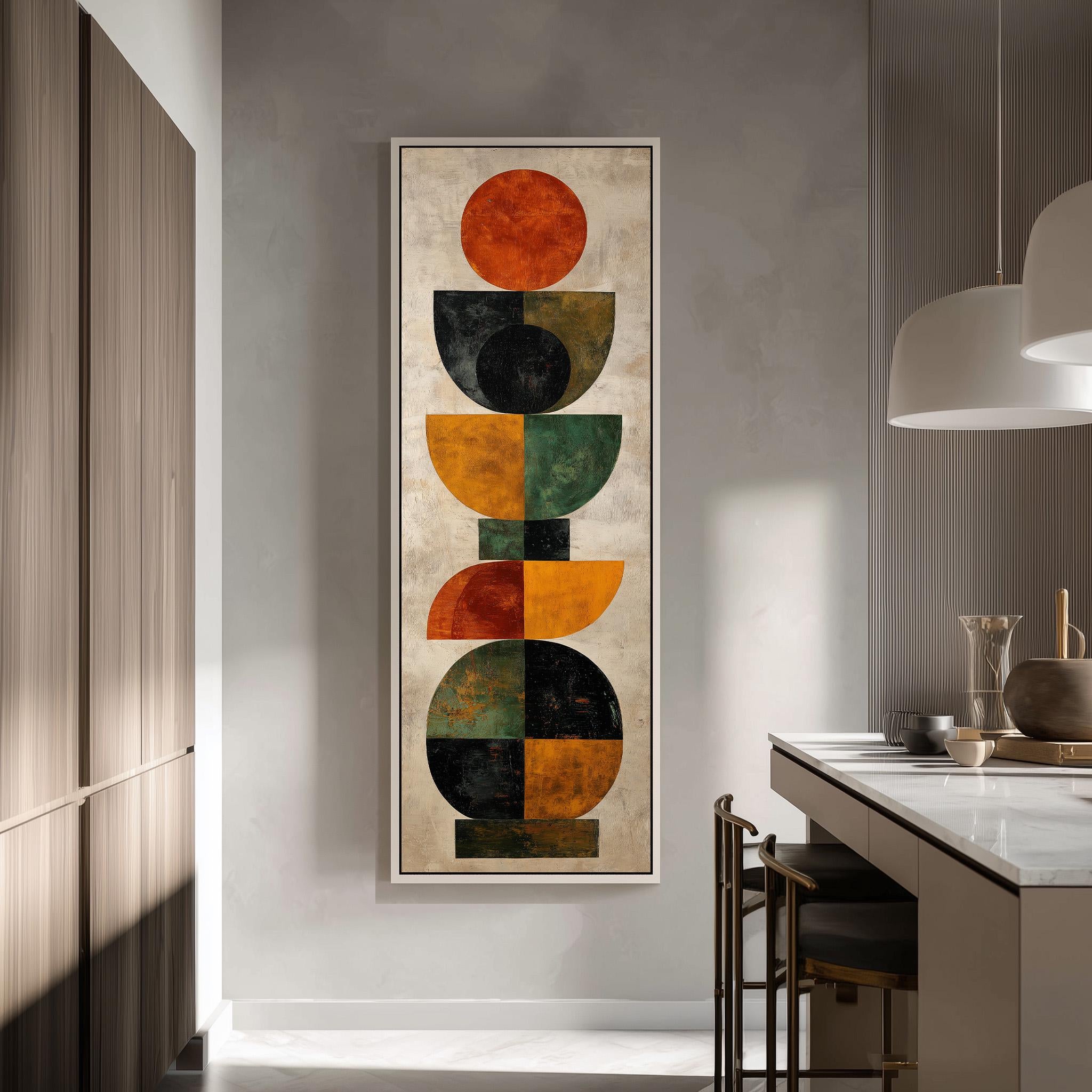 a modern kitchen with a large abstract painting hanging on the wall. The painting consists of various geometric shapes in different colors, creating a visually striking and contemporary design.