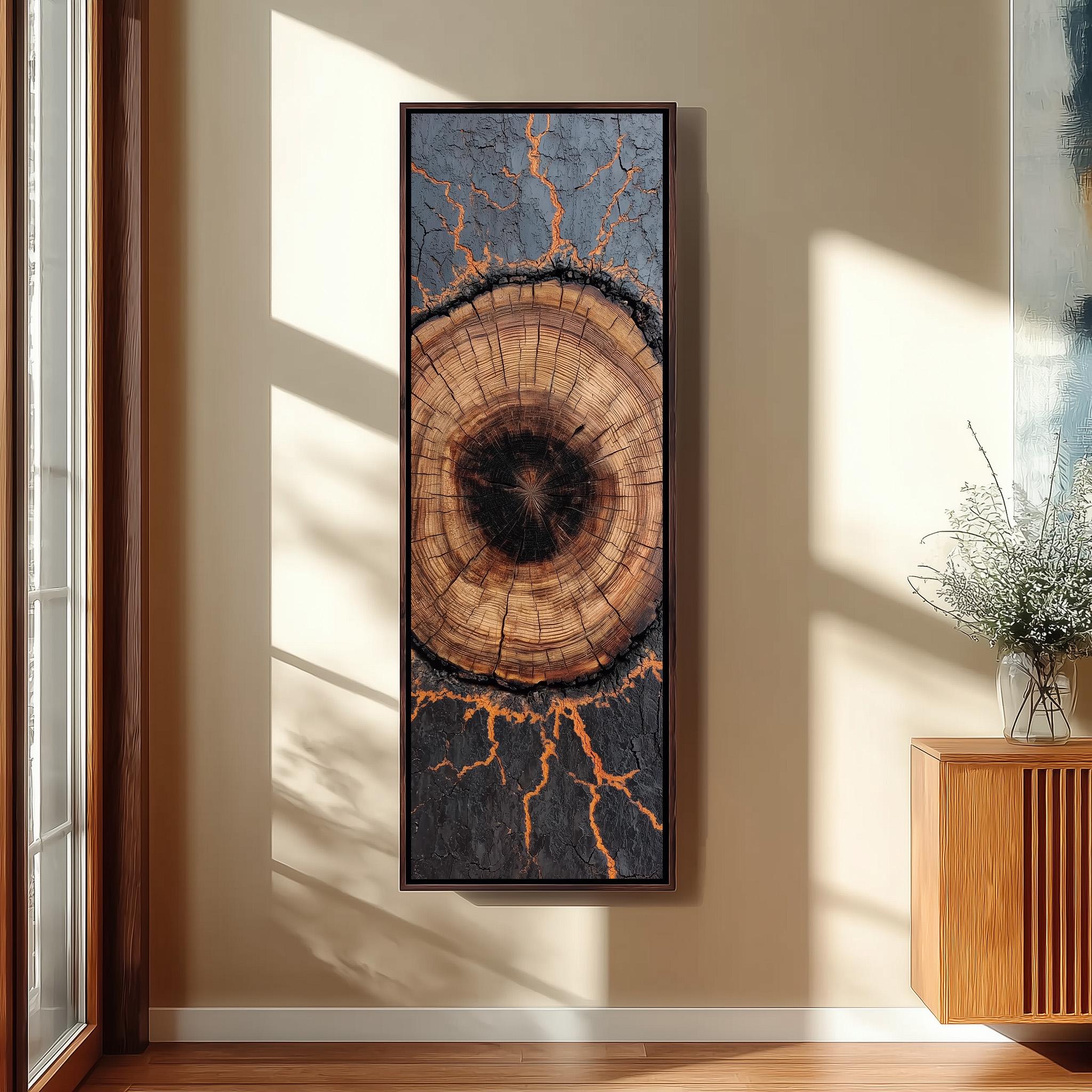a large, framed artwork depicting a tree stump with a striking pattern of orange and black cracks. The artwork is mounted on a wall in a room with a wooden floor and a window, creating a visually appealing and artistic display.
