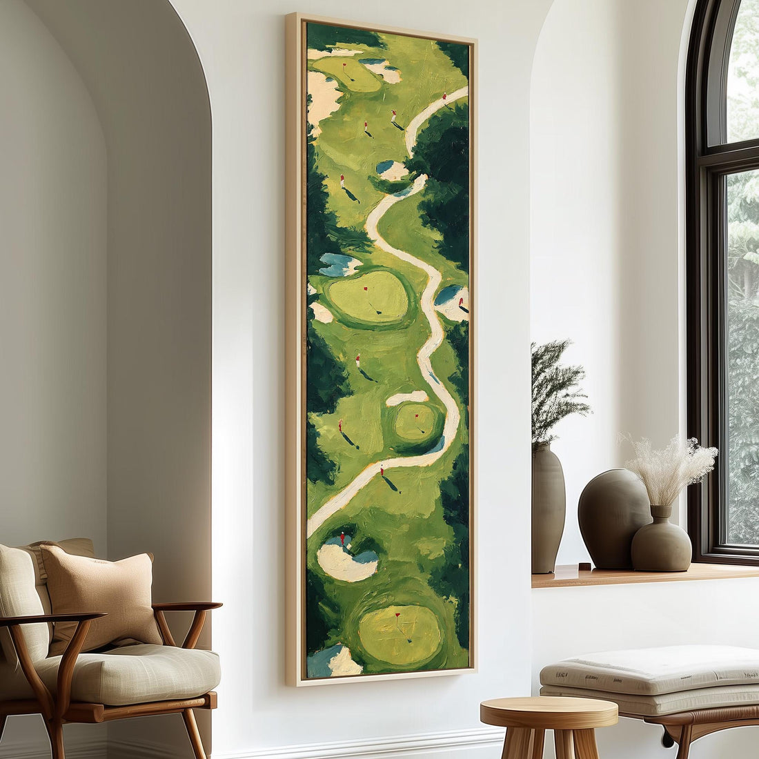 Golf course fairway seen from above long vertical canvas print in a sunlit living space