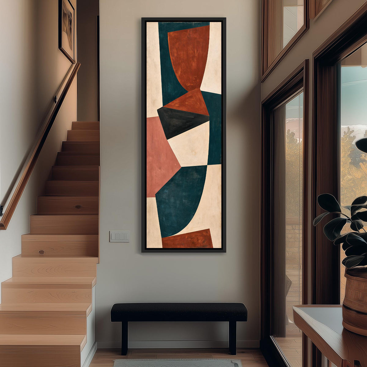 Curved blocks in rust, teal and cream tall narrow canvas print beside a staircase in an entryway