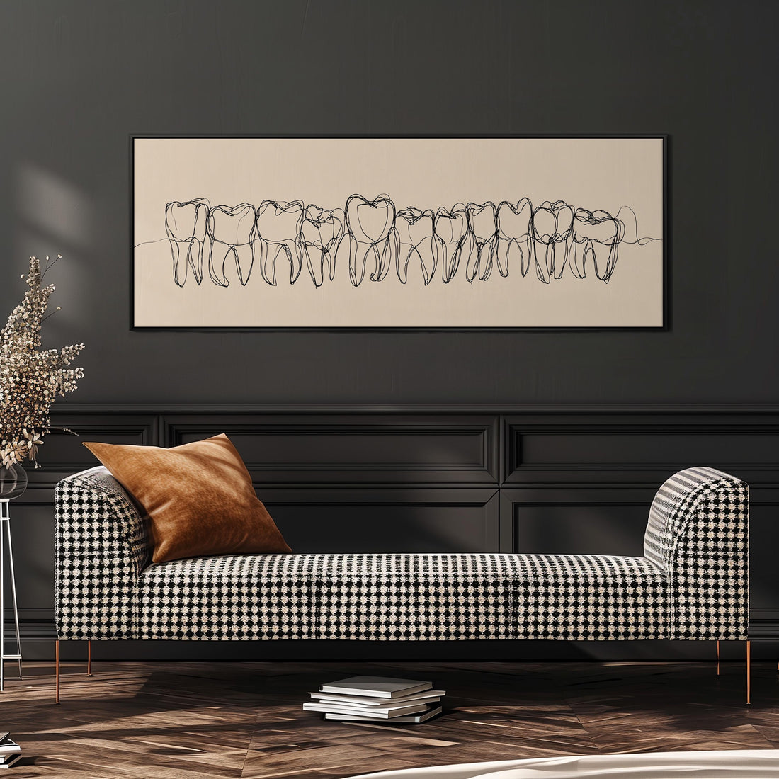 a bed with a white comforter and pillows, and above the bed is a large canvas print depicting a line of teeth.