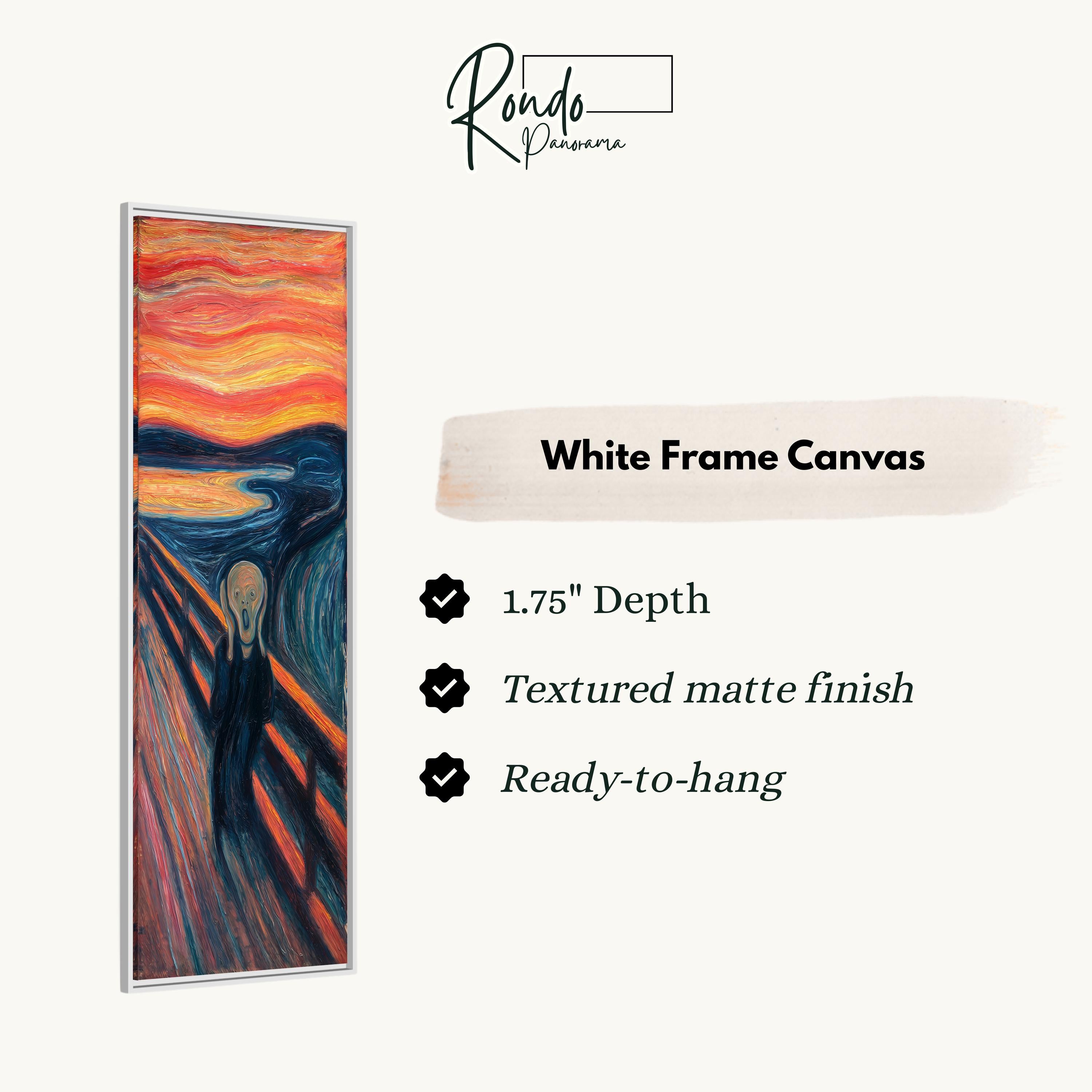 The image is a framed artwork depicting the famous painting "The Scream" by Edvard Munch.