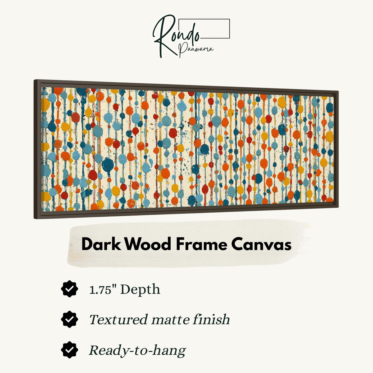 Strings of colorful polka dot blooms canvas print in a dark wood floating frame