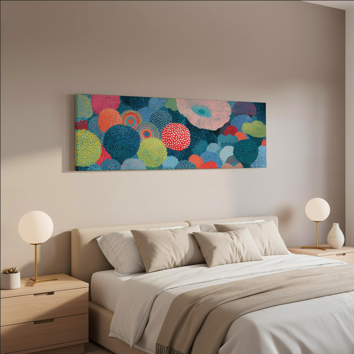 Coral spirals and dotted circles wide panoramic canvas print above a bed in a neutral bedroom