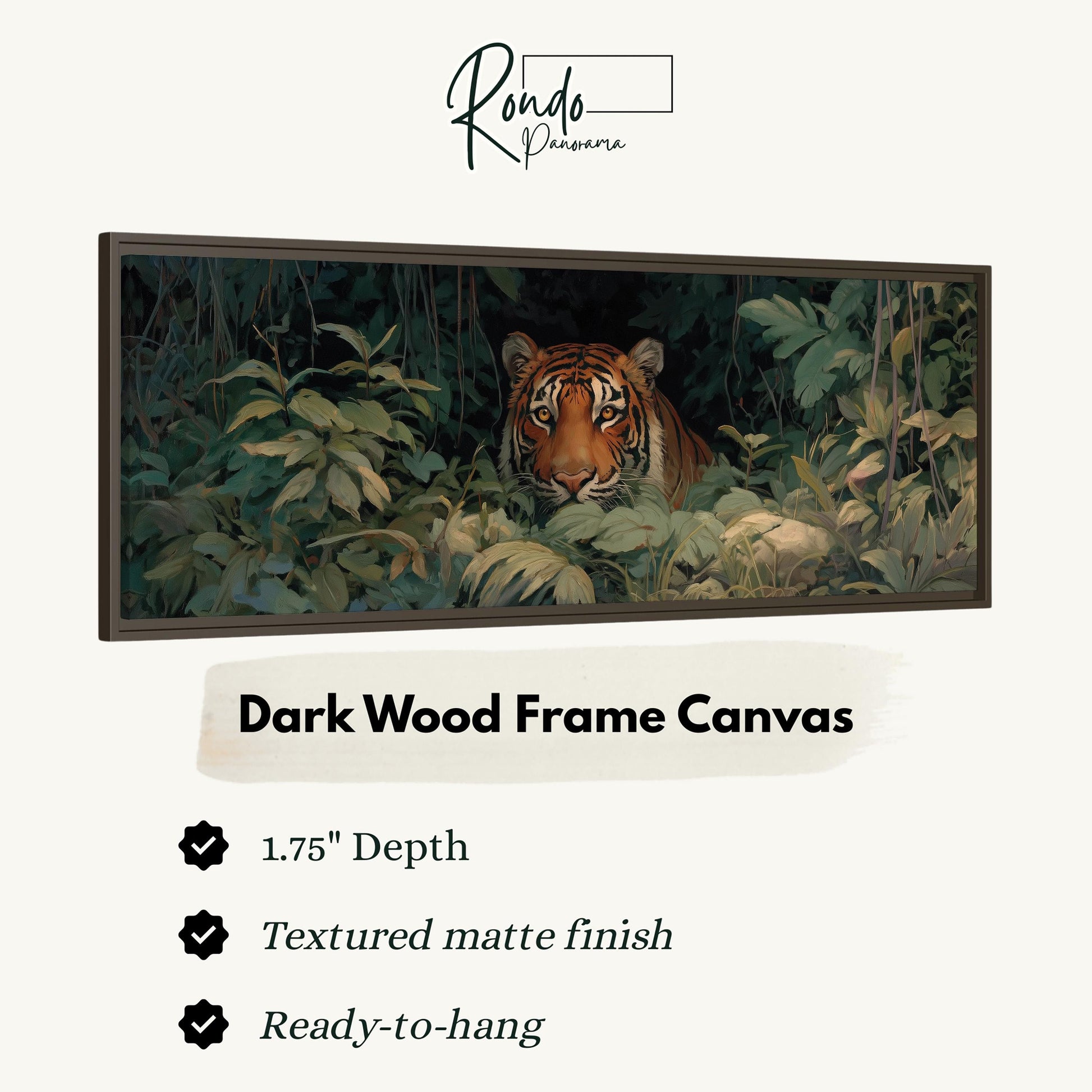 A framed painting of a tiger in a lush, green jungle setting.