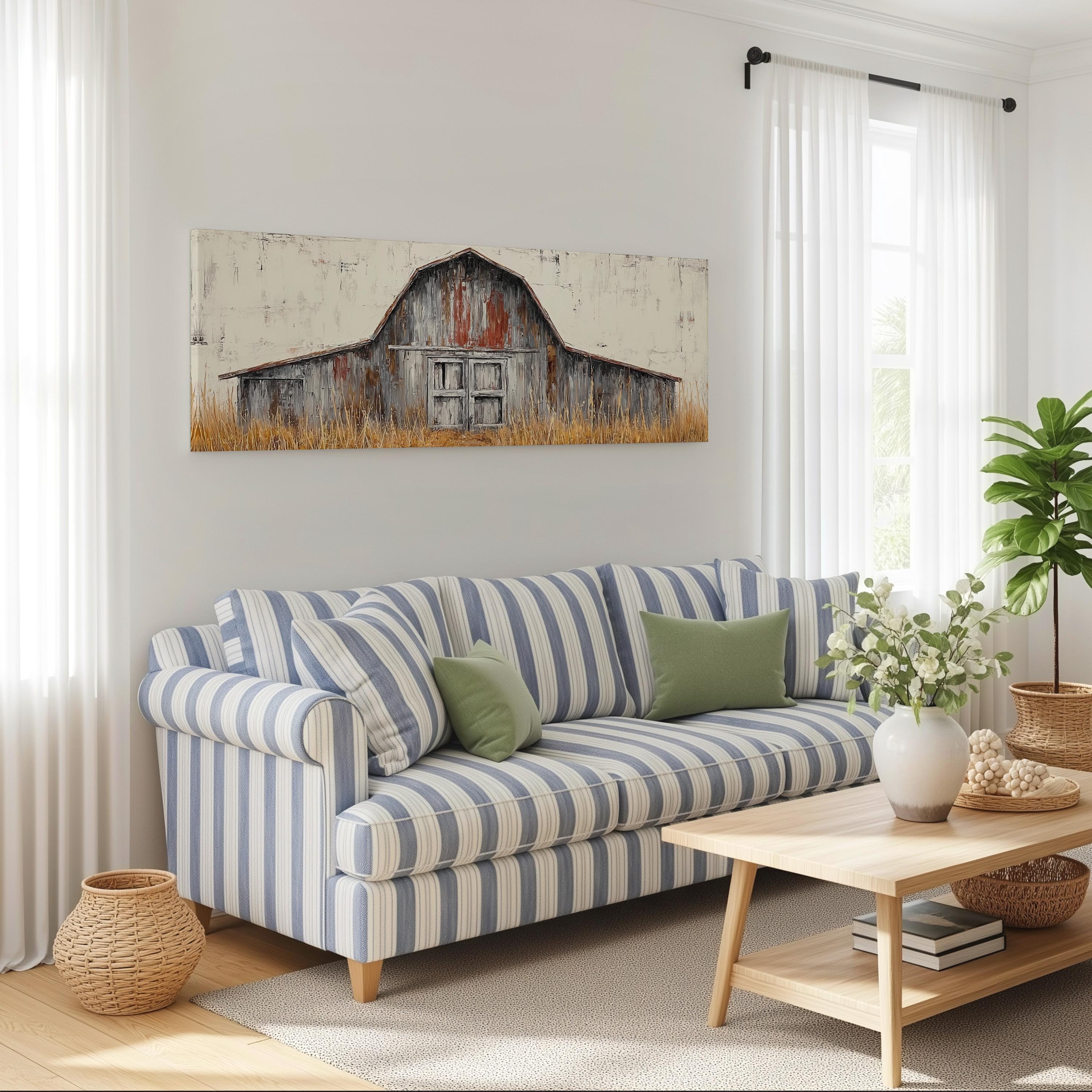 a cozy living room with a striped blue and white sofa, a wooden coffee table, and a large window with white curtains. Above the sofa, there is a painting of a barn.