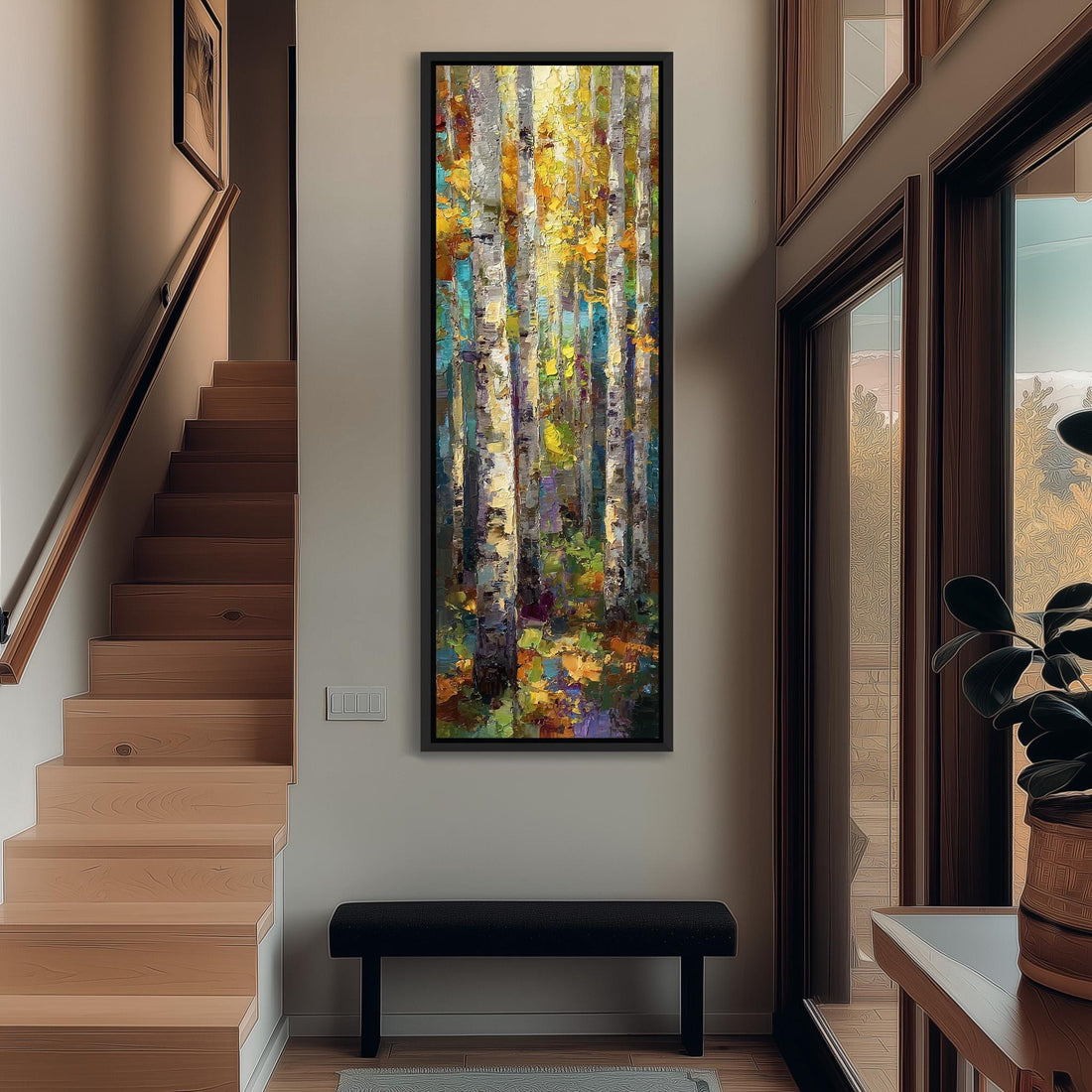 a large, colorful painting of a forest scene hanging on a wall in a room with a wooden floor and a window.