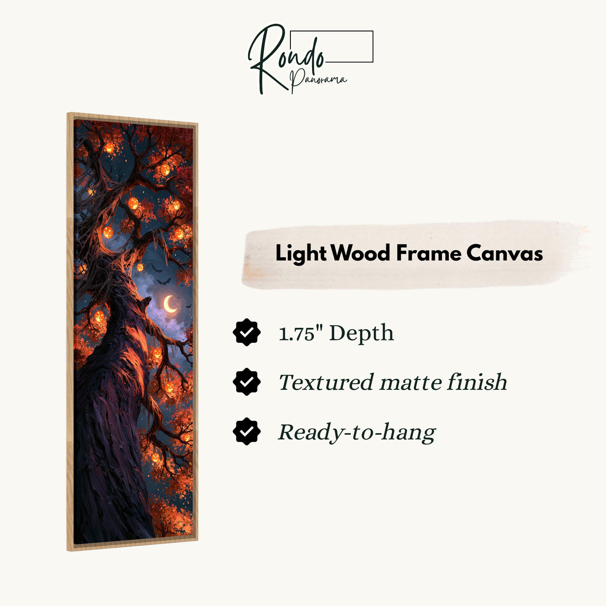 Twisted tree hung with glowing jack-o'-lanterns canvas print in a light wood floating frame