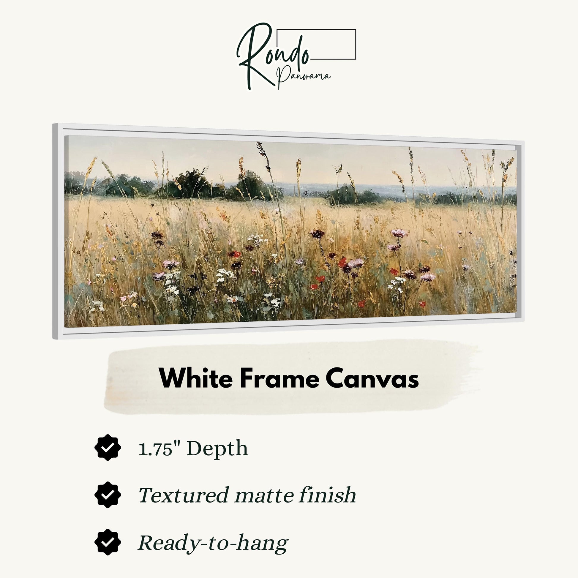 The image is a white frame canvas depicting a field of tall grass with wildflowers.