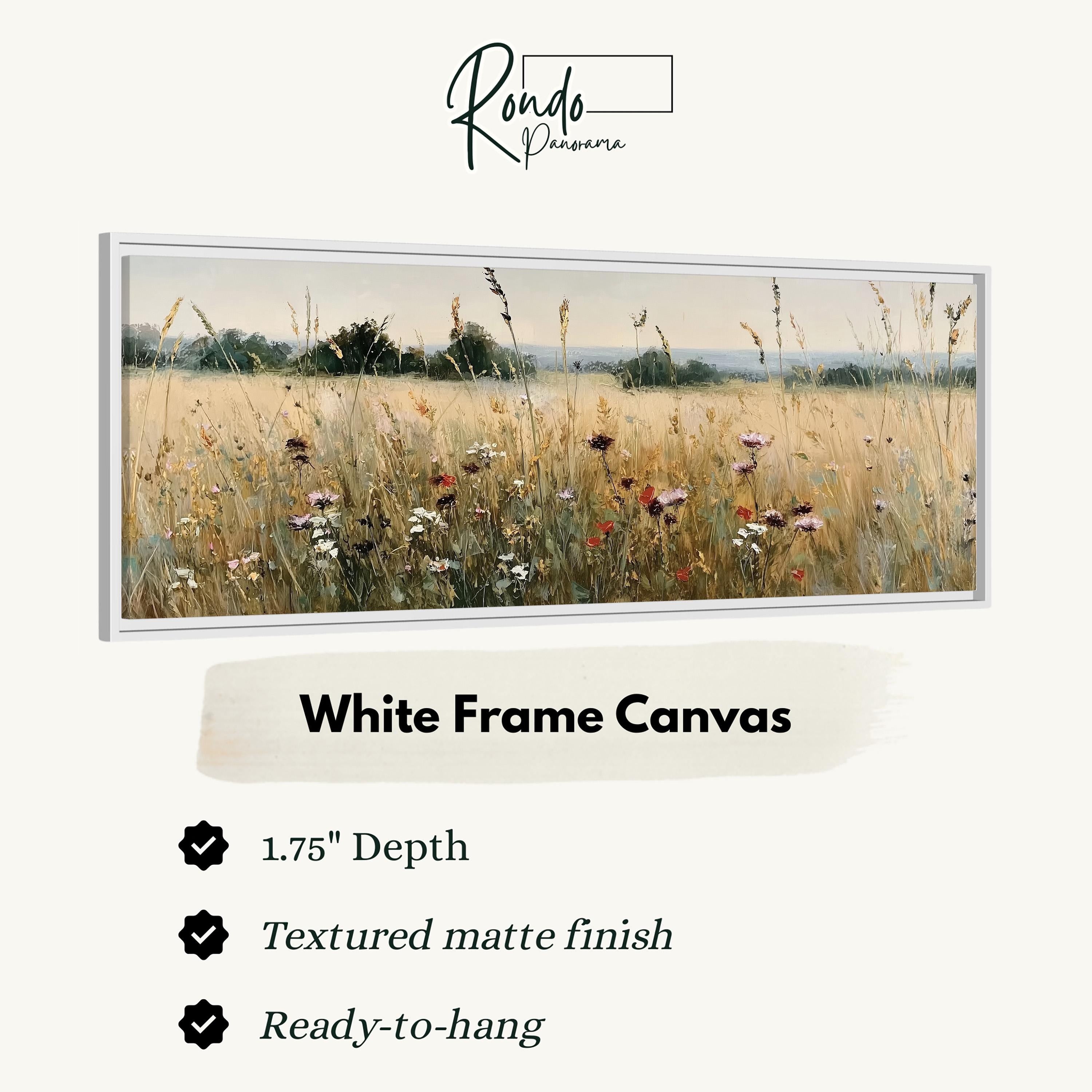 The image is a white frame canvas depicting a field of tall grass with wildflowers.