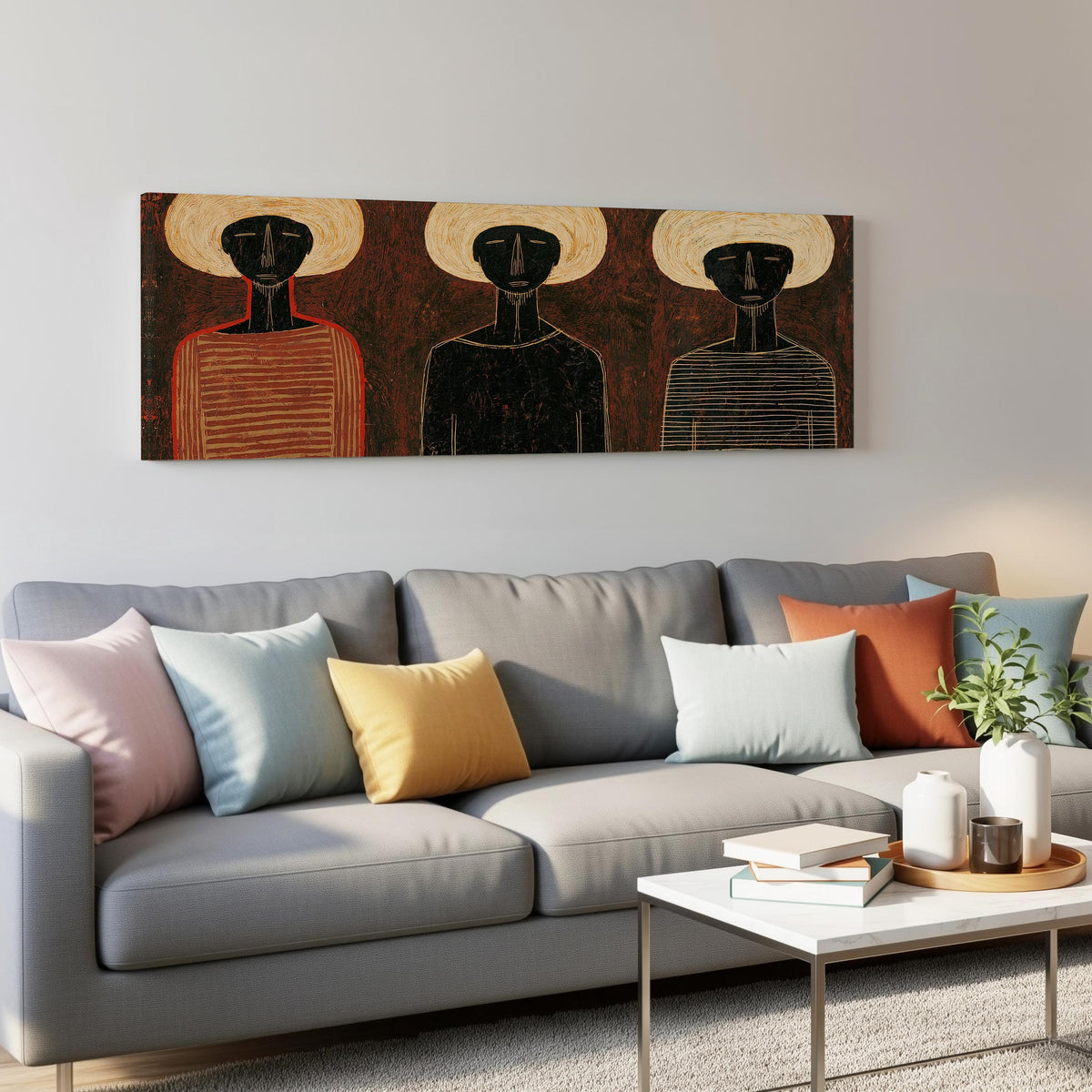 Three figures in striped shirts panoramic canvas print above a grey sofa in a living room