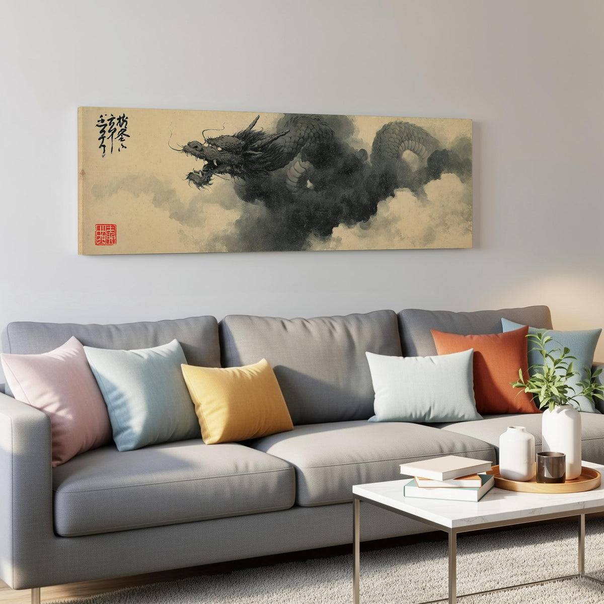 Ink dragon in the clouds panoramic canvas print above a grey sofa in a living room