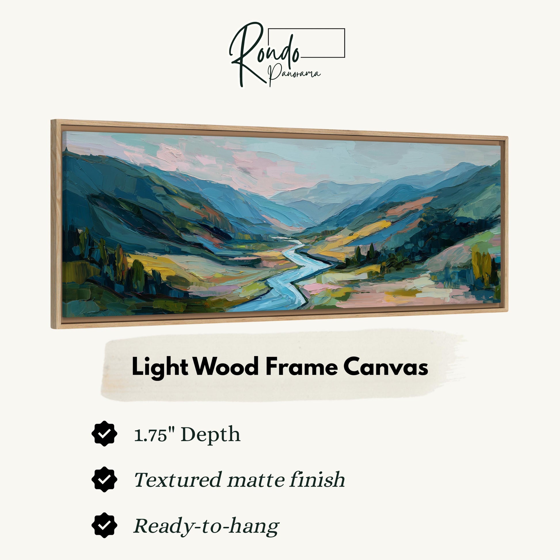 The image is a light wood frame canvas depicting a landscape with mountains, trees, and a winding river.