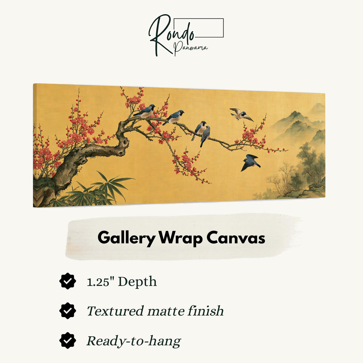 Birds on a plum blossom branch on gold gallery wrap canvas with the image wrapped around the edges