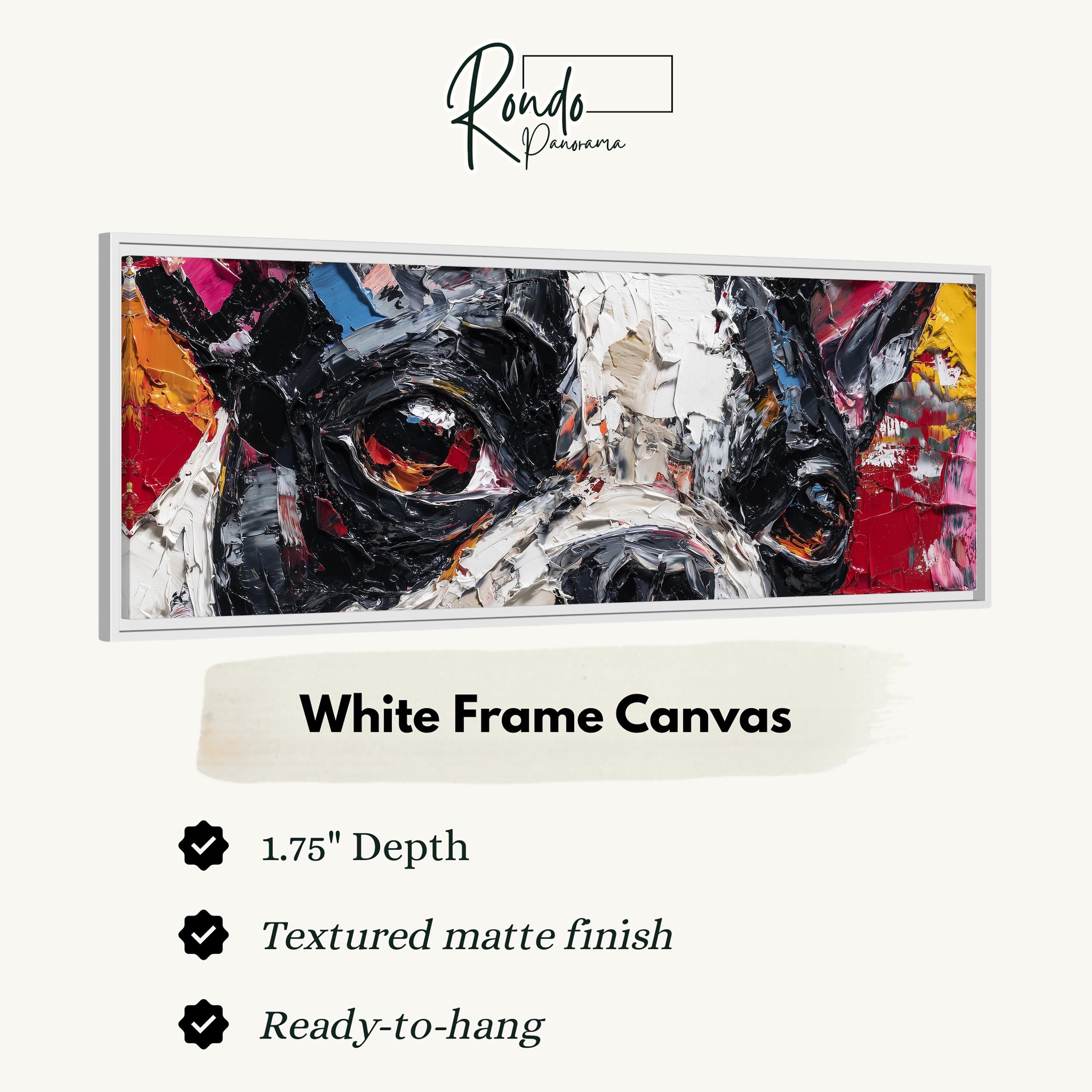 The image is a close-up of a white frame canvas featuring a large, colorful painting of a dog's face.