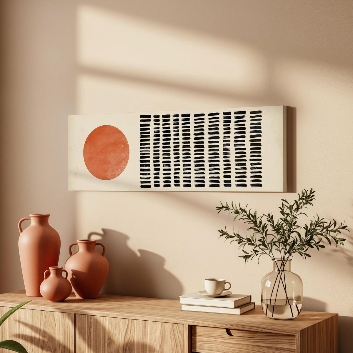 Orange sun beside rows of black dashes long horizontal canvas print above a wooden sideboard