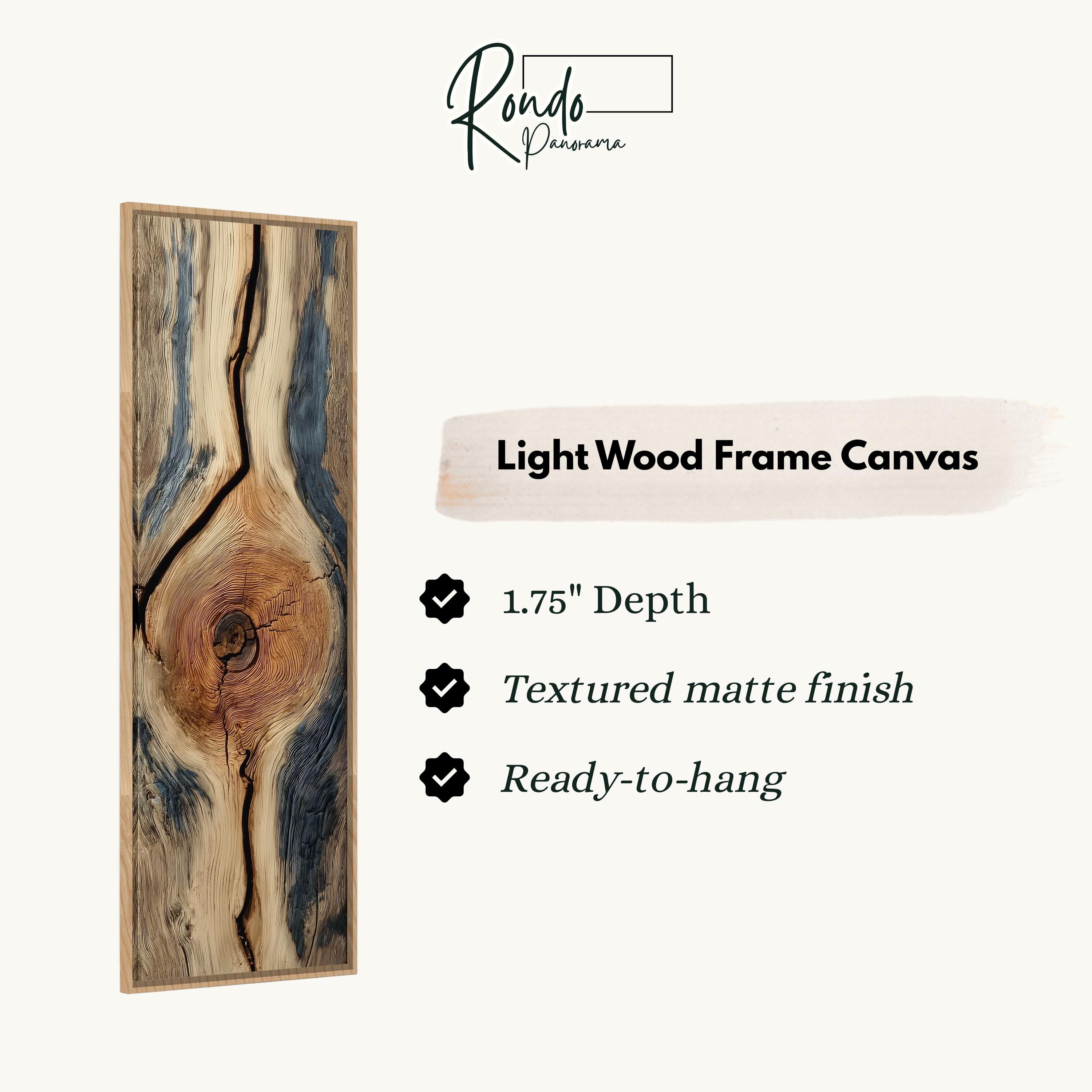 The image is a product advertisement for a light wood frame canvas. It features a close-up of a piece of wood with a unique knot pattern, highlighting its texture and depth. The advertisement provides details about the product, including its dimensions, finish, and hanging capabilities.