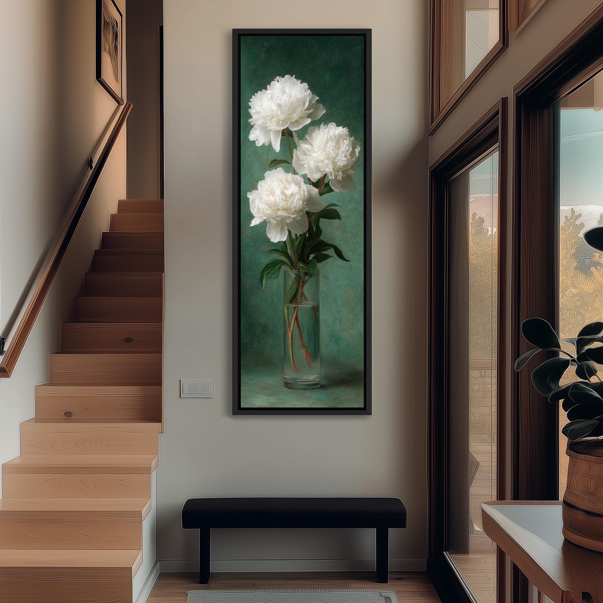 a large painting of white flowers in a vase hanging on the wall of a hallway.