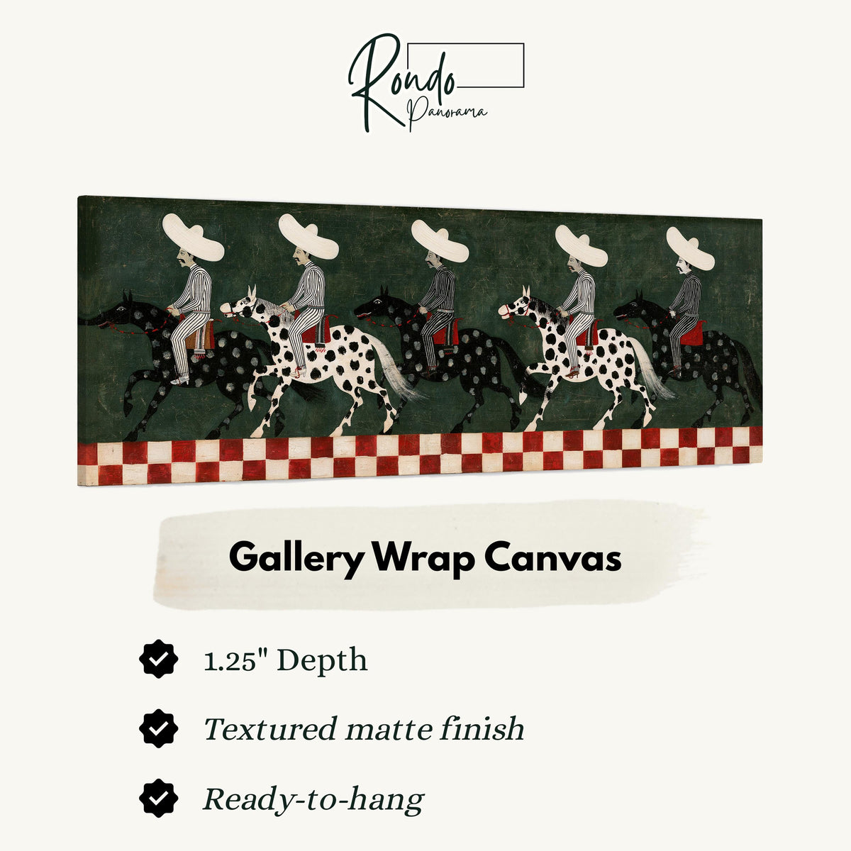 Riders in sombreros on spotted horses gallery wrap canvas with the image wrapped around the edges