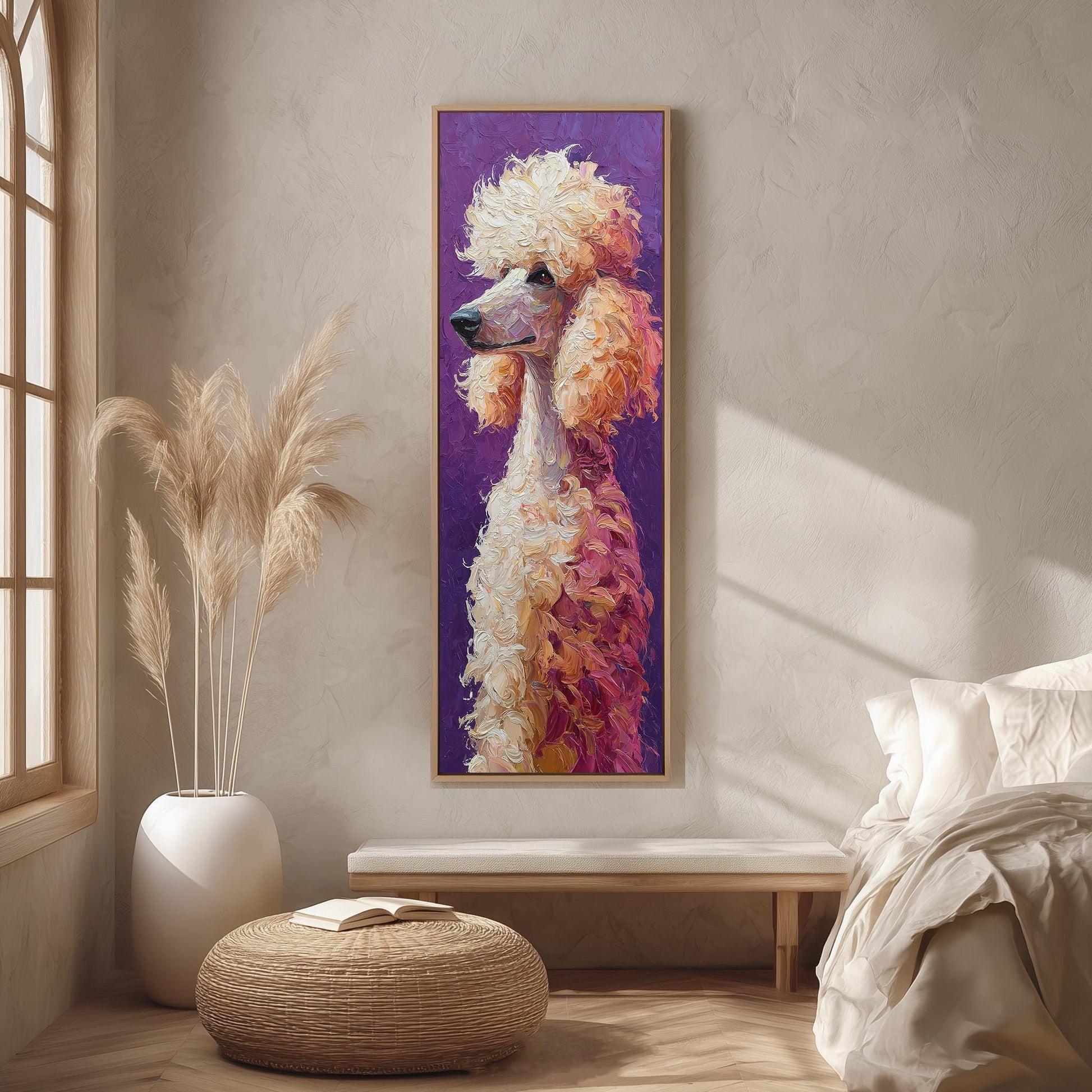 a large, colorful painting of a poodle hanging on a wall in a cozy living room setting.