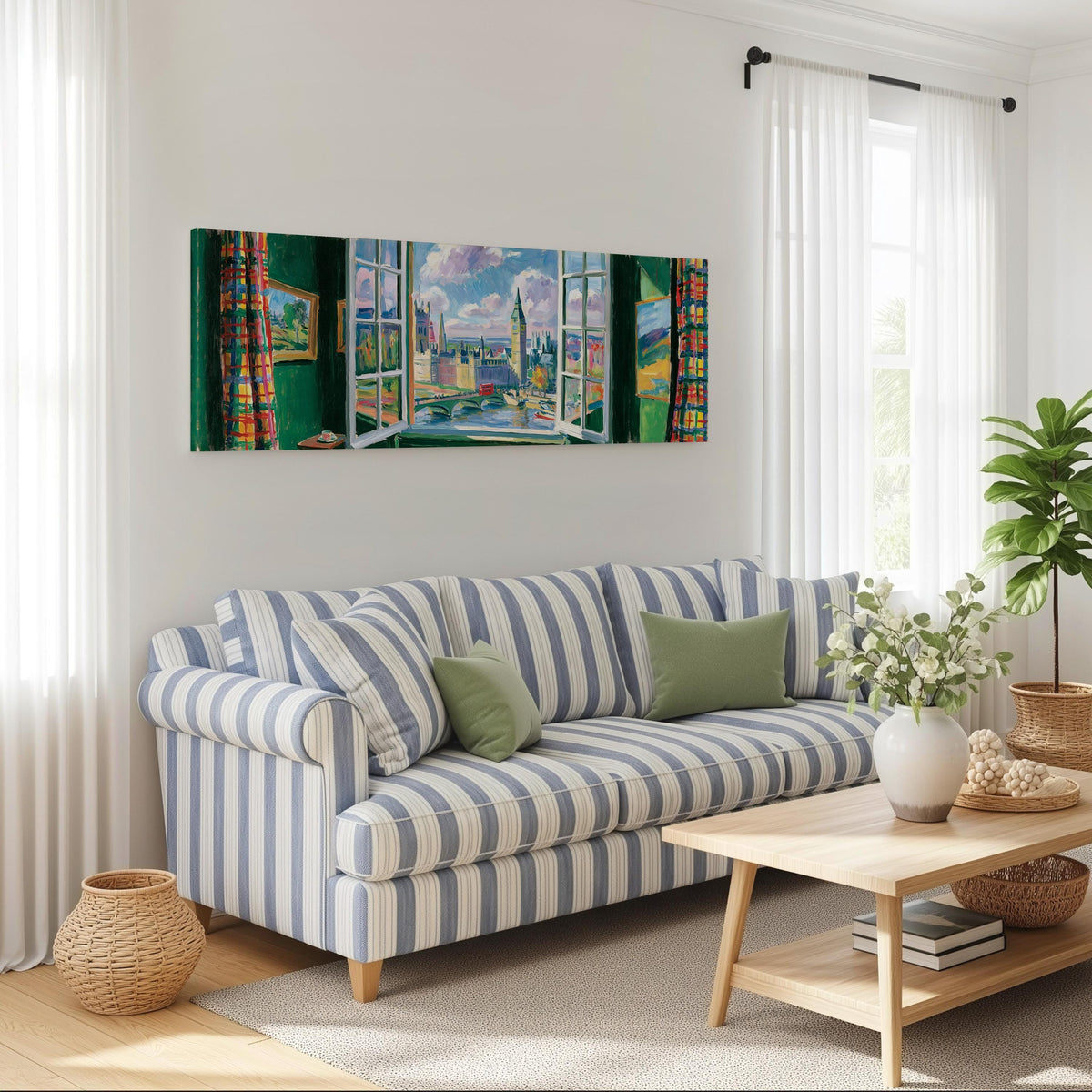 London and Big Ben through a green room window long horizontal canvas print above a striped sofa in a coastal living room
