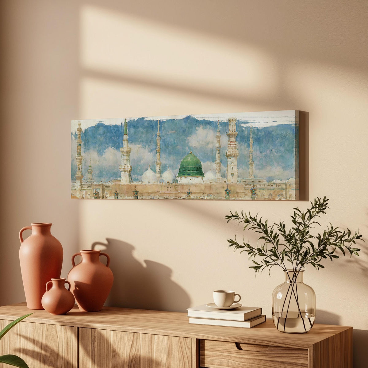 The green dome of the Prophet's Mosque in Medina long horizontal canvas print above a wooden sideboard