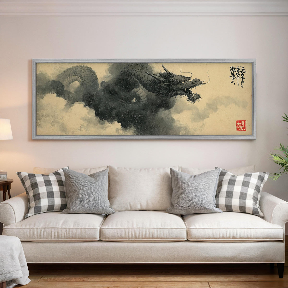 Storm dragon emerging from ink clouds long horizontal canvas print displayed on a wall