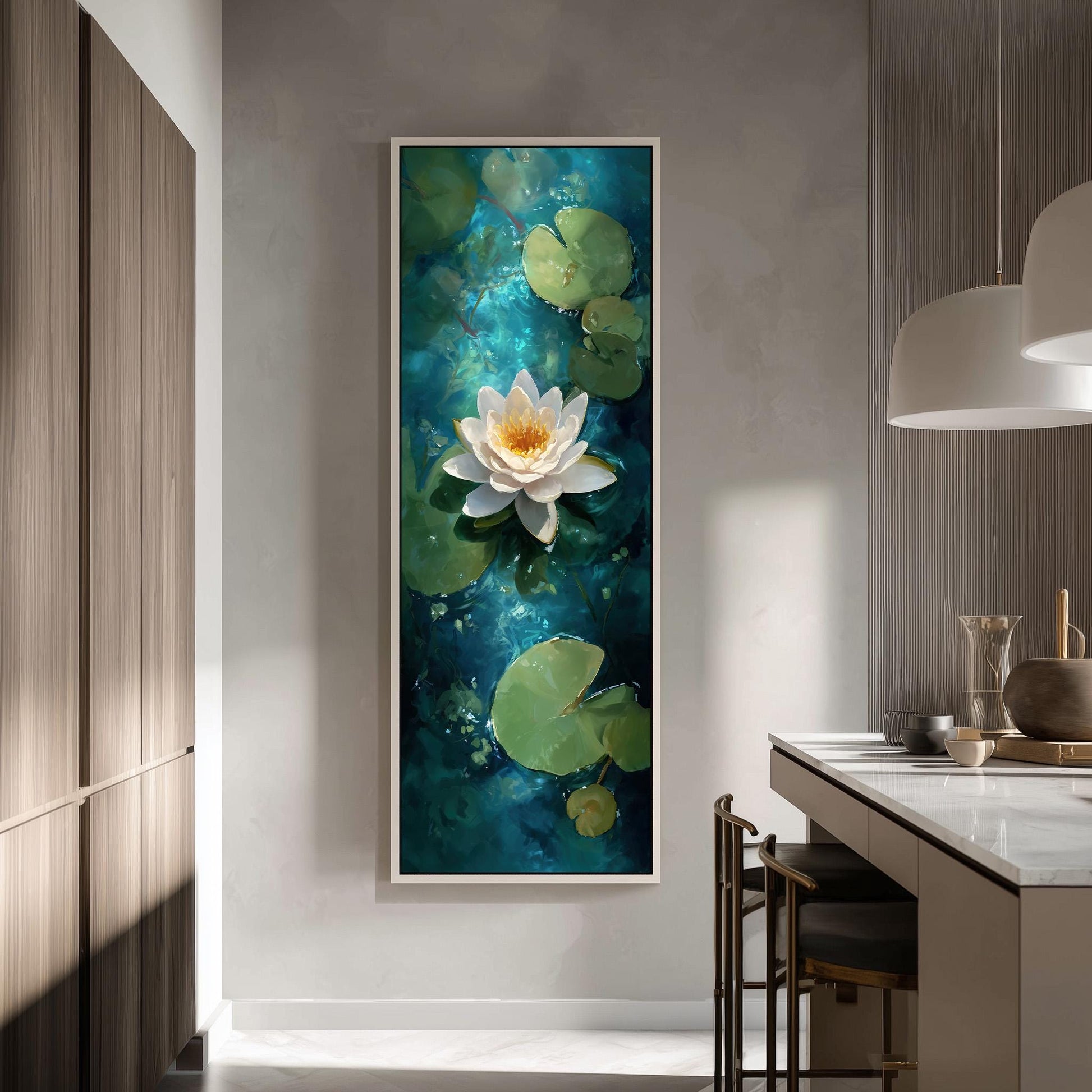 a large framed painting of a white lotus flower in a blue and green water scene, hanging on a wall in a modern kitchen.