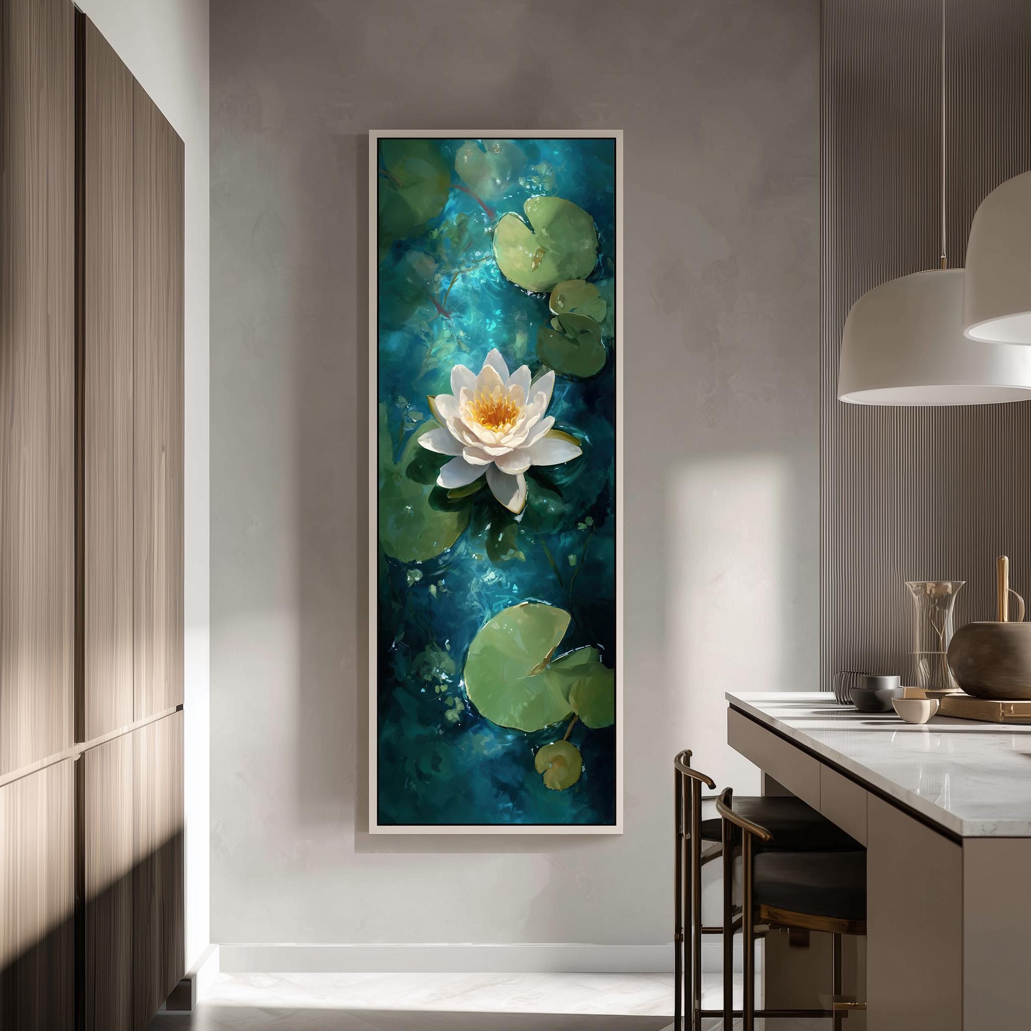 a large framed painting of a white lotus flower in a blue and green water scene, hanging on a wall in a modern kitchen.