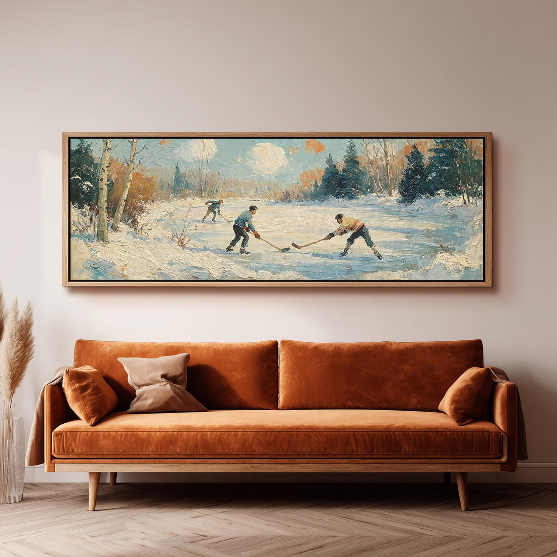 Vintage pond hockey game long horizontal canvas print above a sofa in a living room