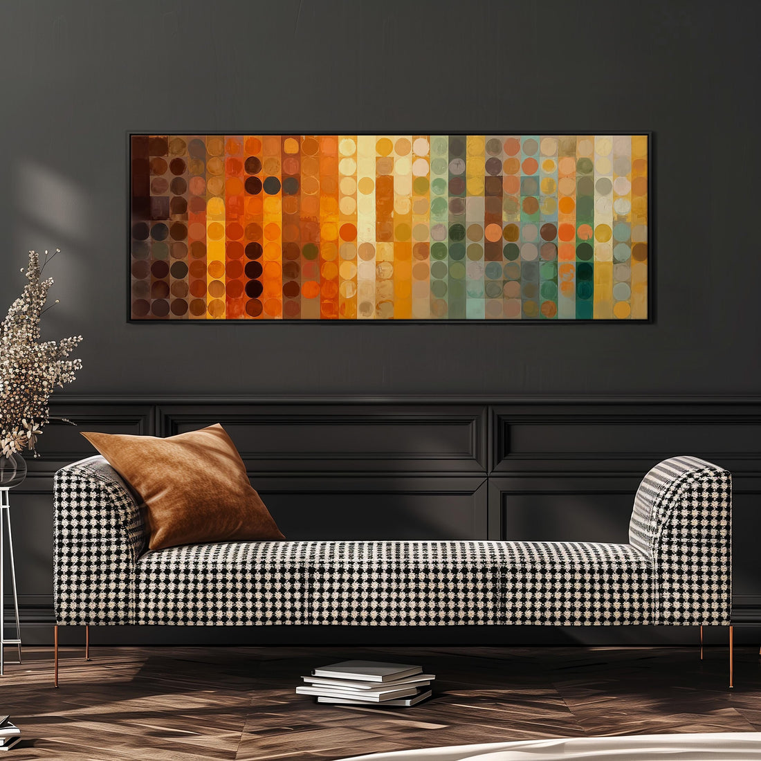 a large, colorful abstract painting hanging on a wall above a brown sofa in a living room setting.