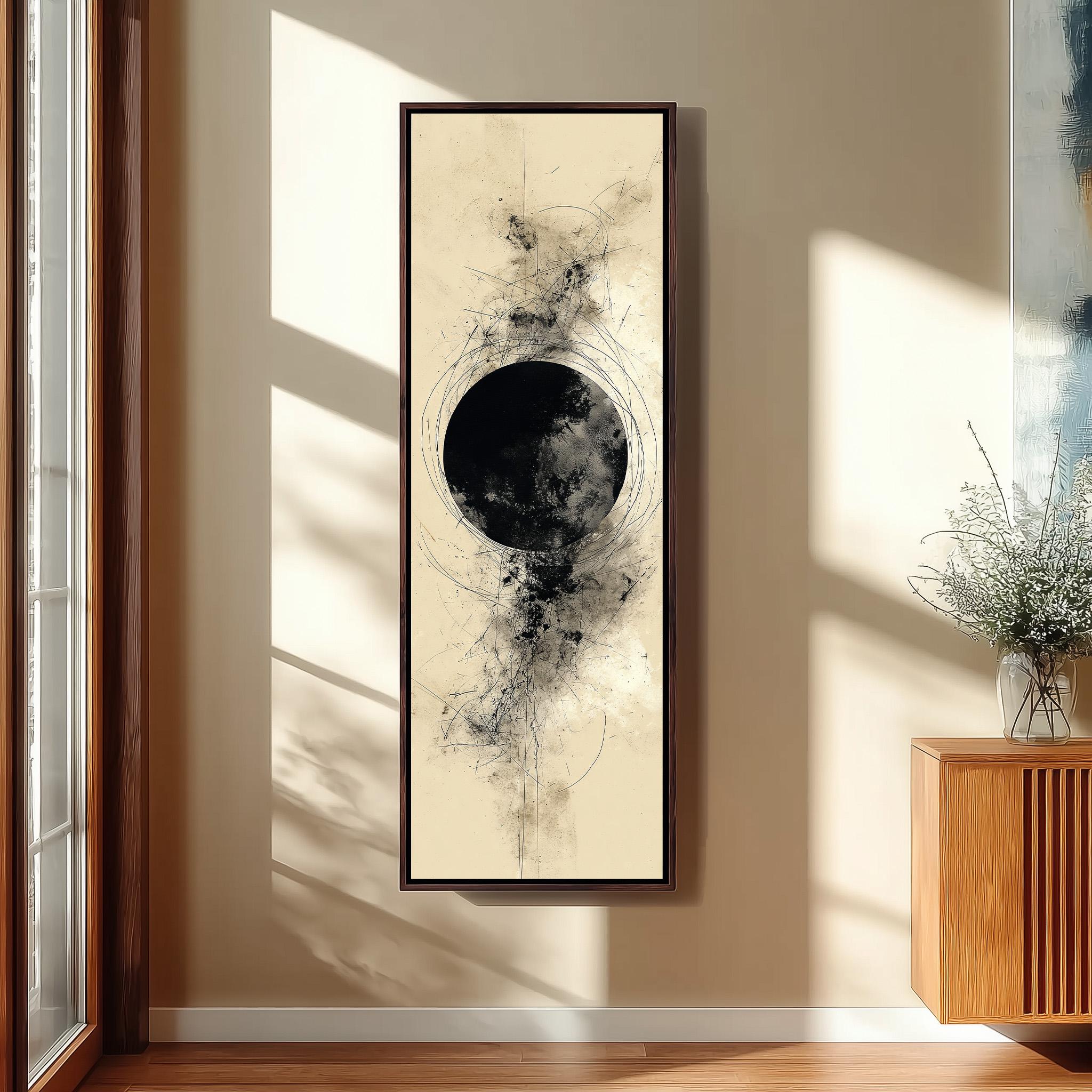 a large abstract painting hanging on a wall, with a wooden cabinet and a vase of flowers to the right of the painting.