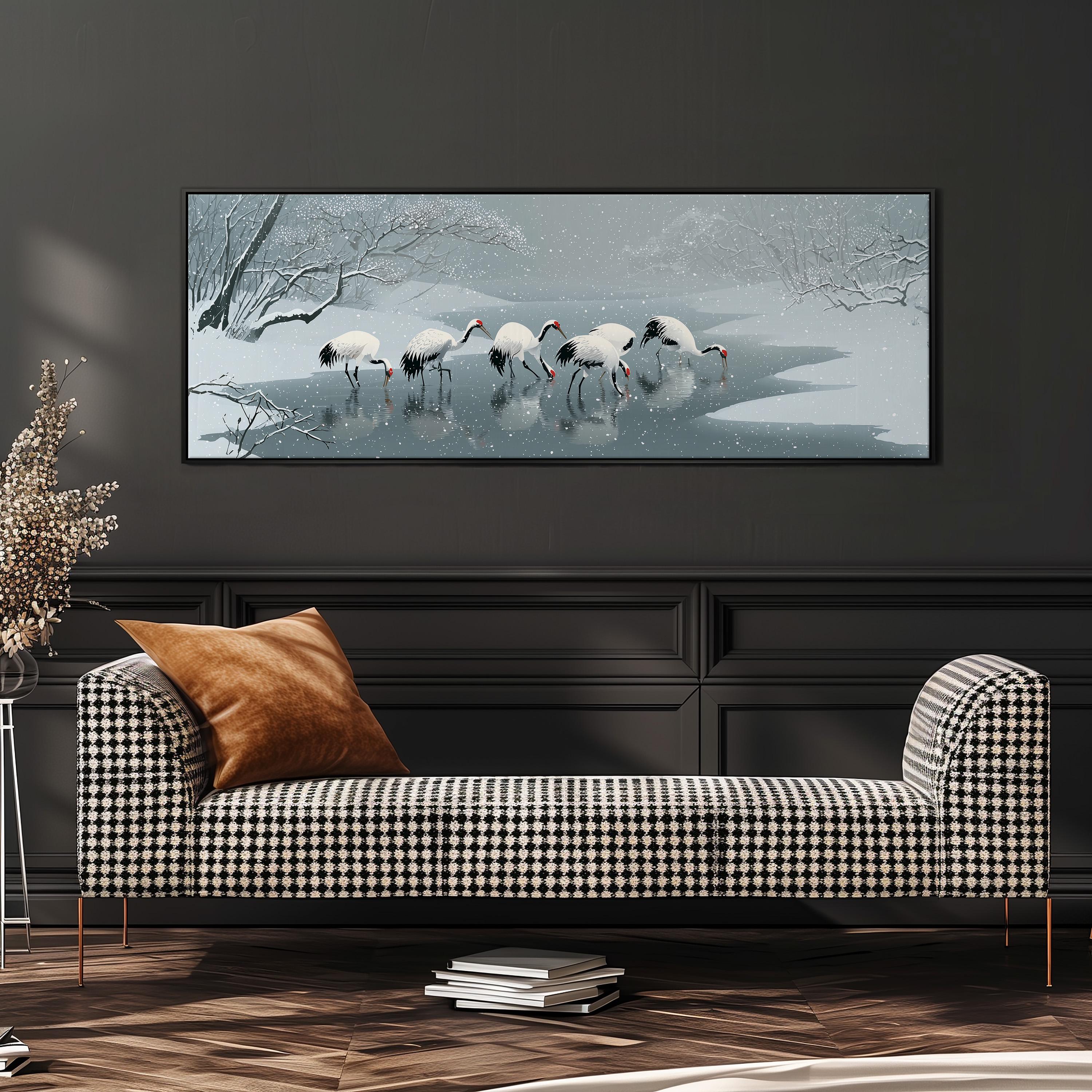 a black and white checkered sofa with a brown throw pillow, positioned in front of a large framed painting depicting a snowy landscape with a group of birds standing in the water.