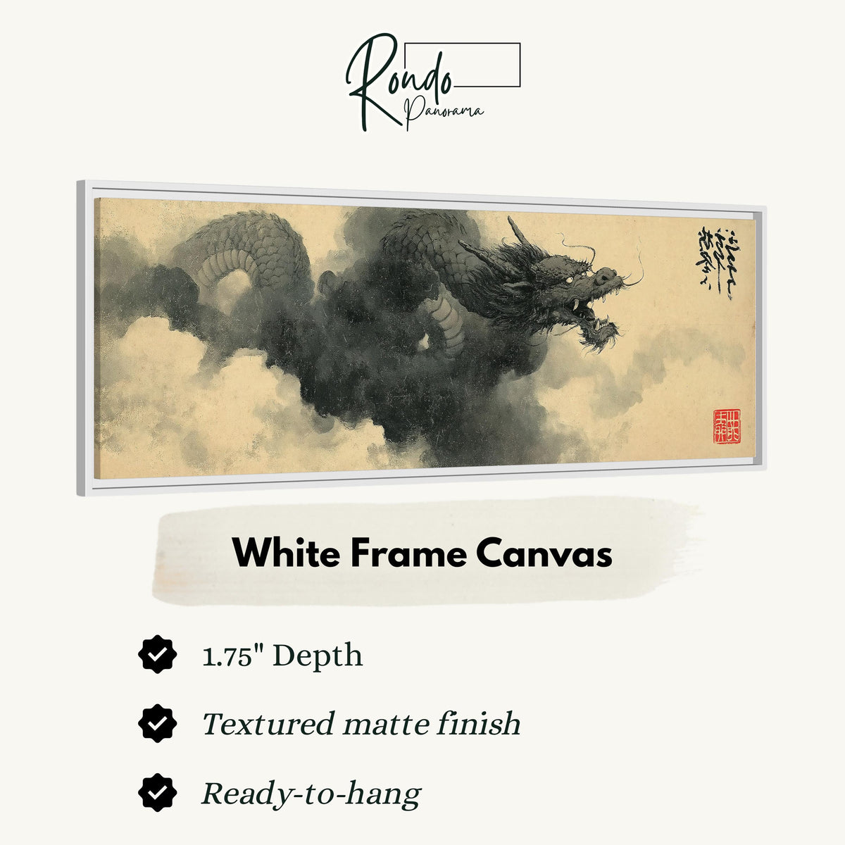 Storm dragon emerging from ink clouds canvas print in a white floating frame