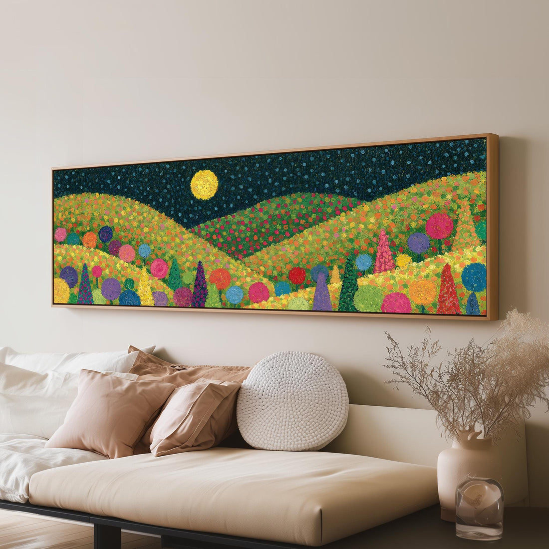 Moonlit pastel flower hills long horizontal canvas print above a sofa in a living room