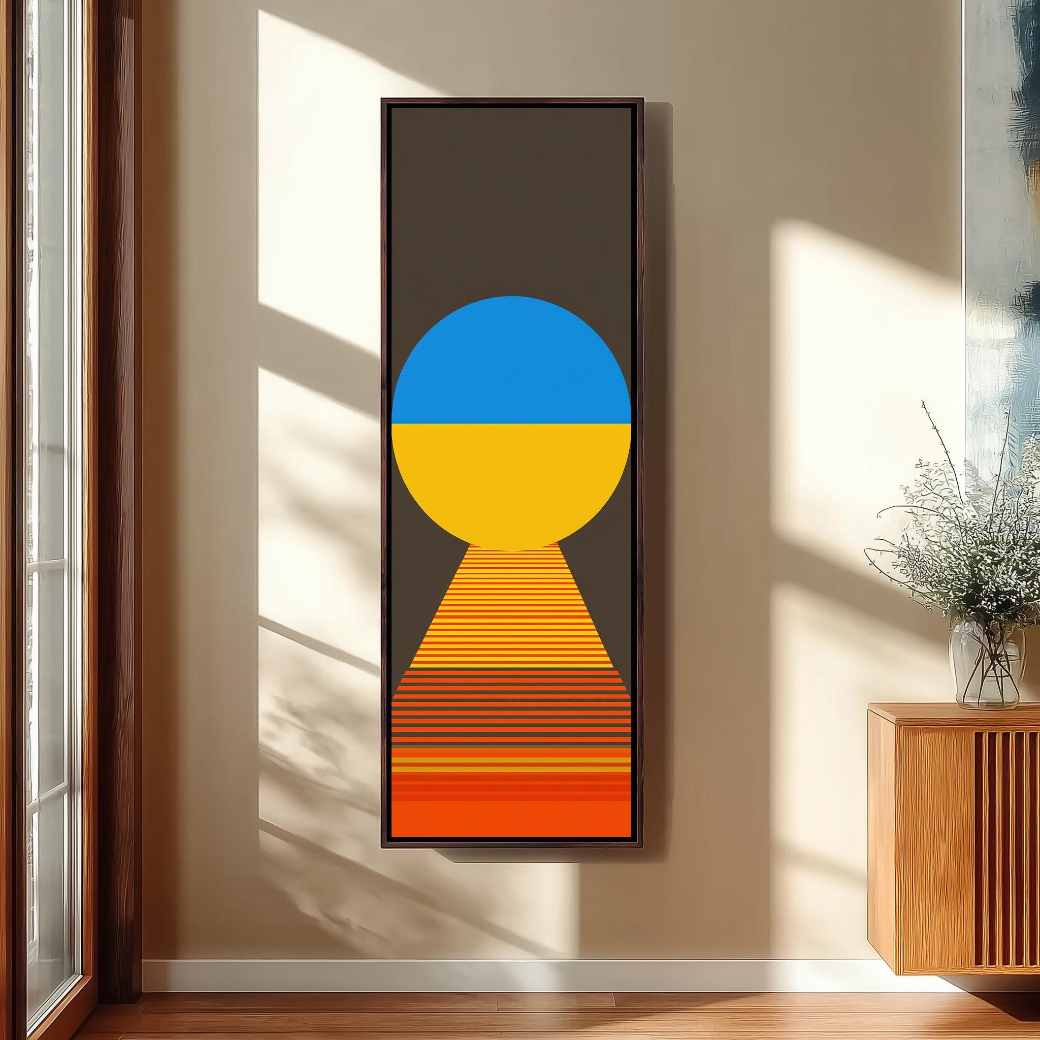 a large abstract painting hanging on a wall, depicting a geometric design with a blue circle and a yellow triangle.