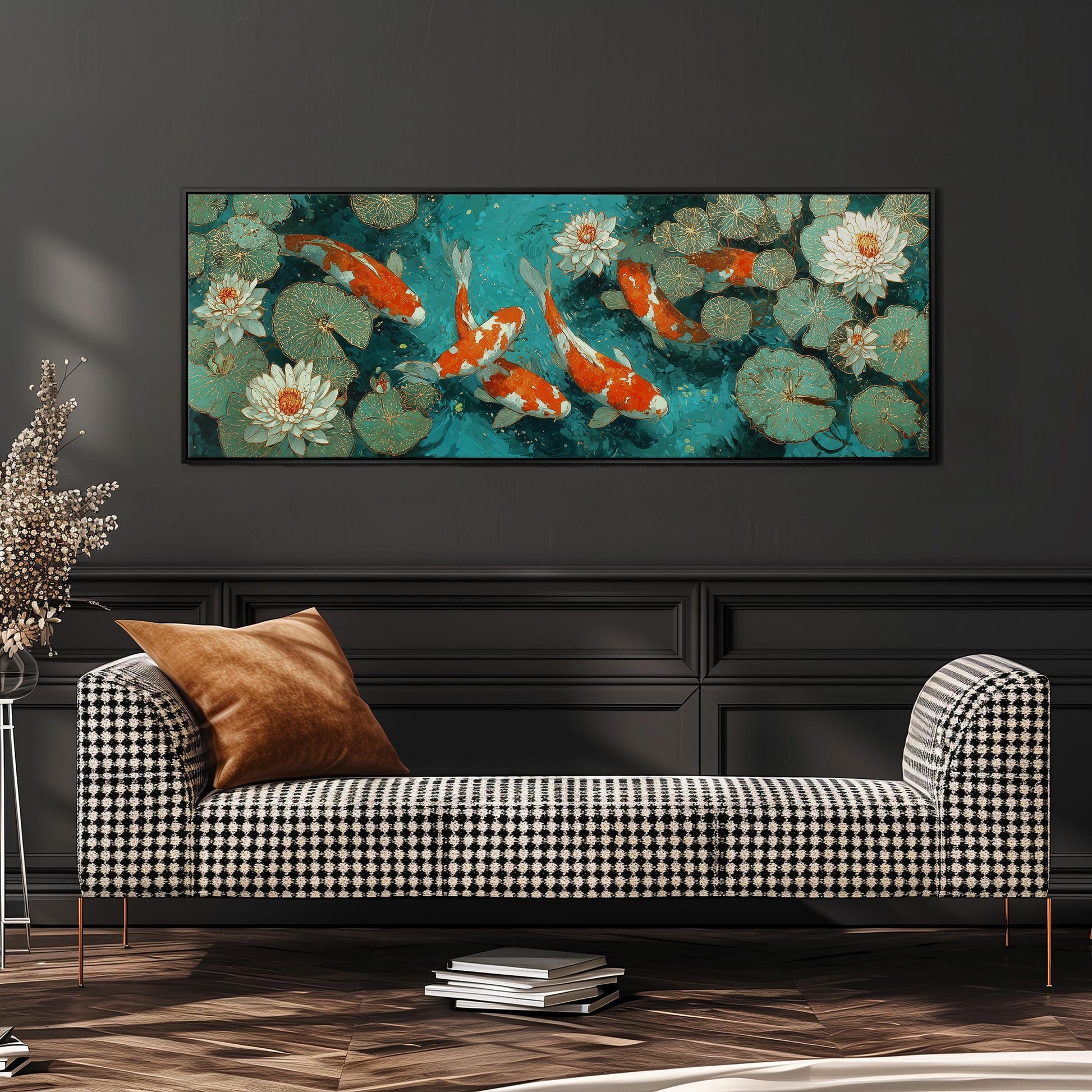 a large painting of koi fish swimming in a pond, with lily pads and water lilies surrounding them, hanging on a wall above a black and white checkered sofa.
