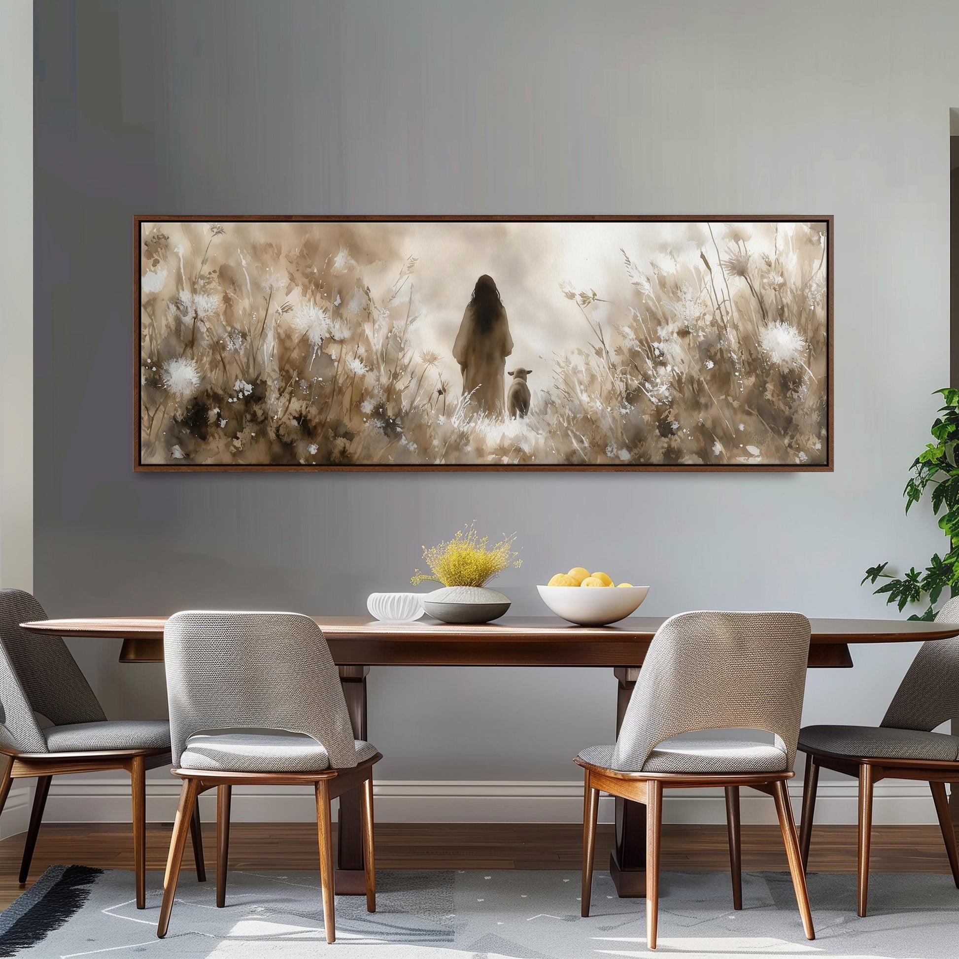 a dining room with a large painting of a woman in a field hanging on the wall above a wooden dining table with four chairs. The table is set with a bowl of fruit and a vase of flowers, creating a cozy and inviting atmosphere.