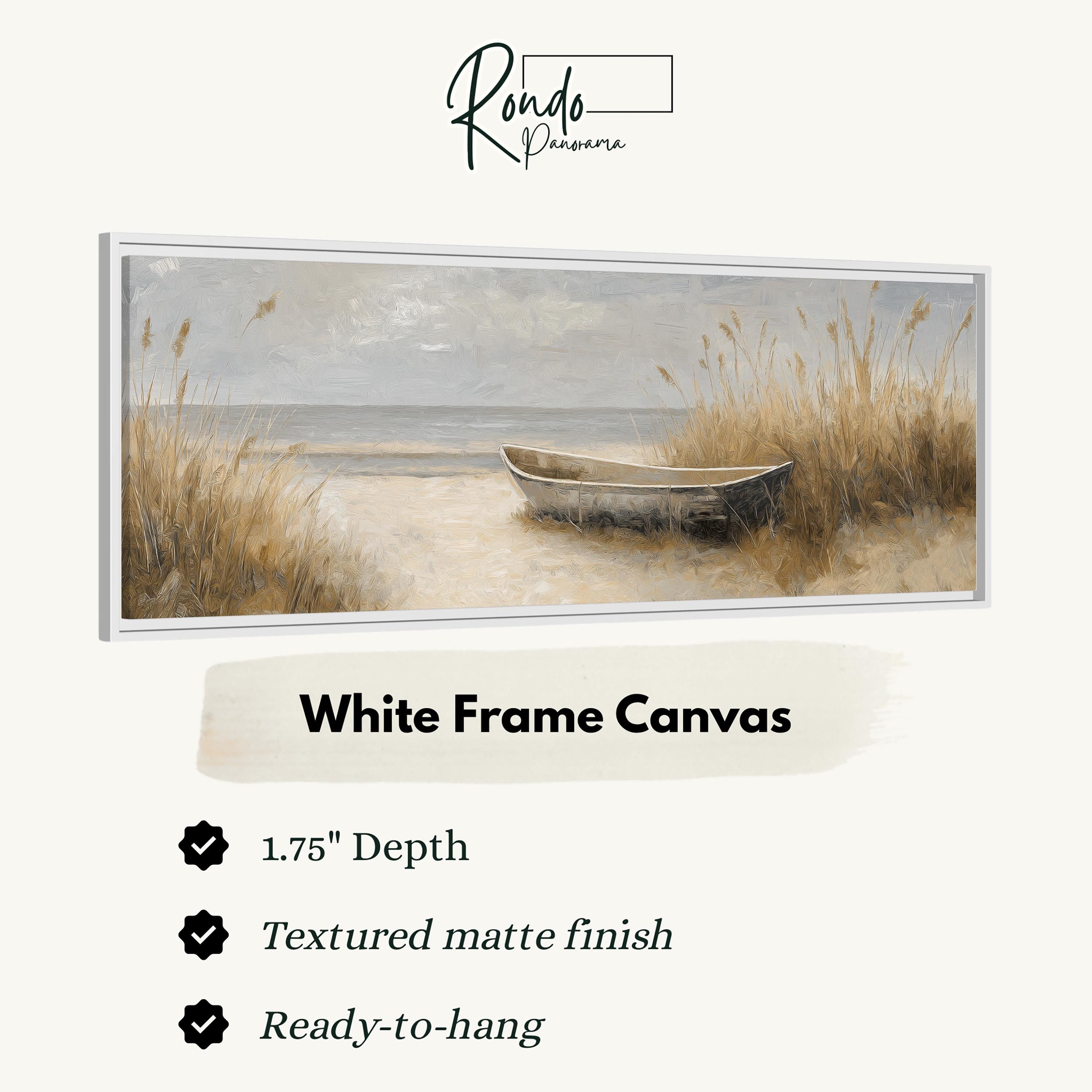 The image is a white frame canvas depicting a boat on a beach with tall grasses in the background.