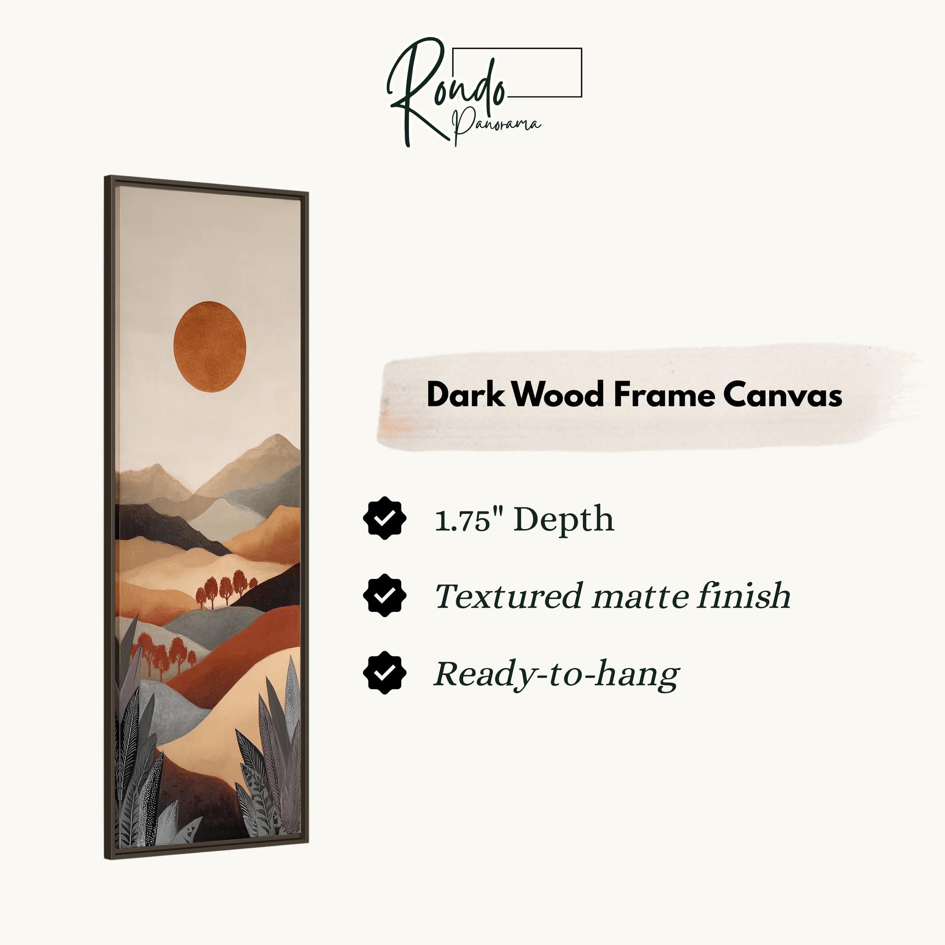 The image is a product description for a dark wood frame canvas. It features a landscape painting with mountains, trees, and a sun. The canvas has a 1.75" depth, is textured with a matte finish, and is ready to hang.