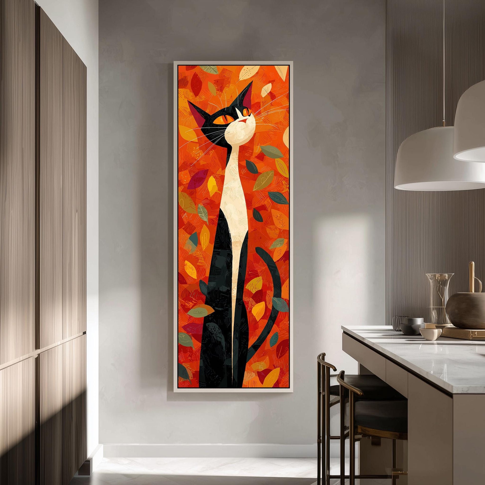 a large, colorful painting of a cat with a predominantly orange and black color scheme, surrounded by leaves. The painting is displayed on a wall in a room with a kitchen counter and chairs in the background.